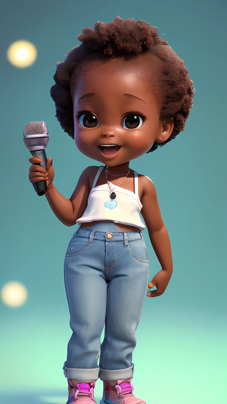 3D a with pulando standing in front of a microphone, disney animation, brown skin like soil, cold studio lighting, evokes feelings of joy, beautiful artist rendering, as a pixar character, kawai, vestindo calça jeans, inspired by Sheila McClean, artist unknown, cherubic,