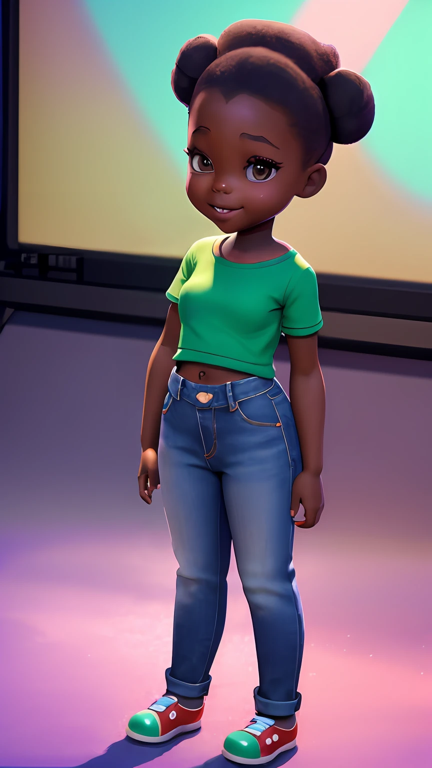3D a with pulando standing in front of a microphone, disney animation, brown skin like soil, cold studio lighting, evokes feelings of joy, beautiful artist rendering, as a pixar character, kawai, vestindo calça jeans, inspired by Sheila McClean, artist unknown, cherubic,