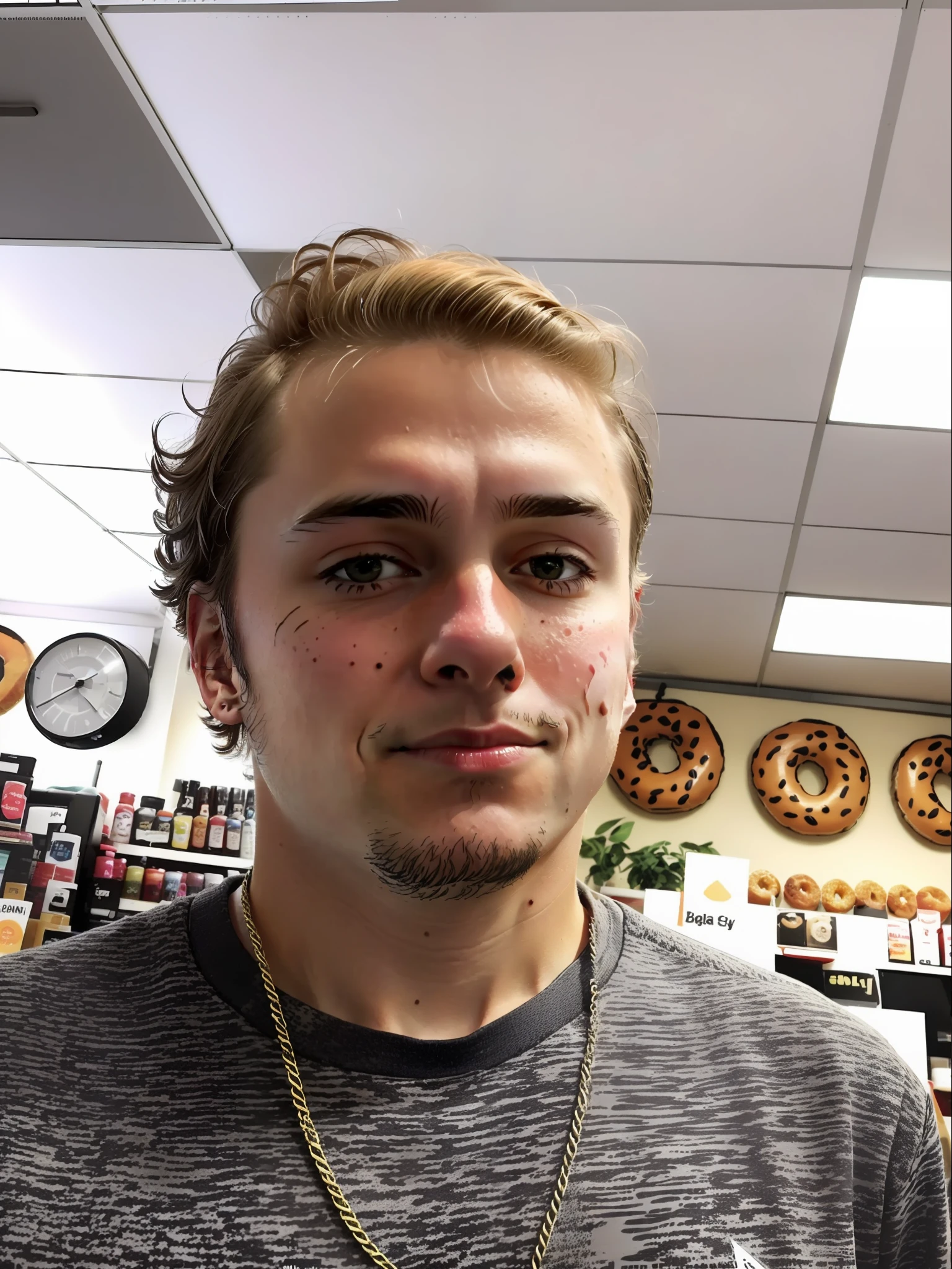 there is a male that is standing in a store with a orange donut, around 1 9 years old, looking straight to camera, with no beard, smirking , slightly, selfie shot straight on angle, looking straight to the camera, headshot profile picture, 1 / 2 headshot, looking straight, sweaty face, cartoon, short curly hair, confident, wearing a pink suit, blurred background