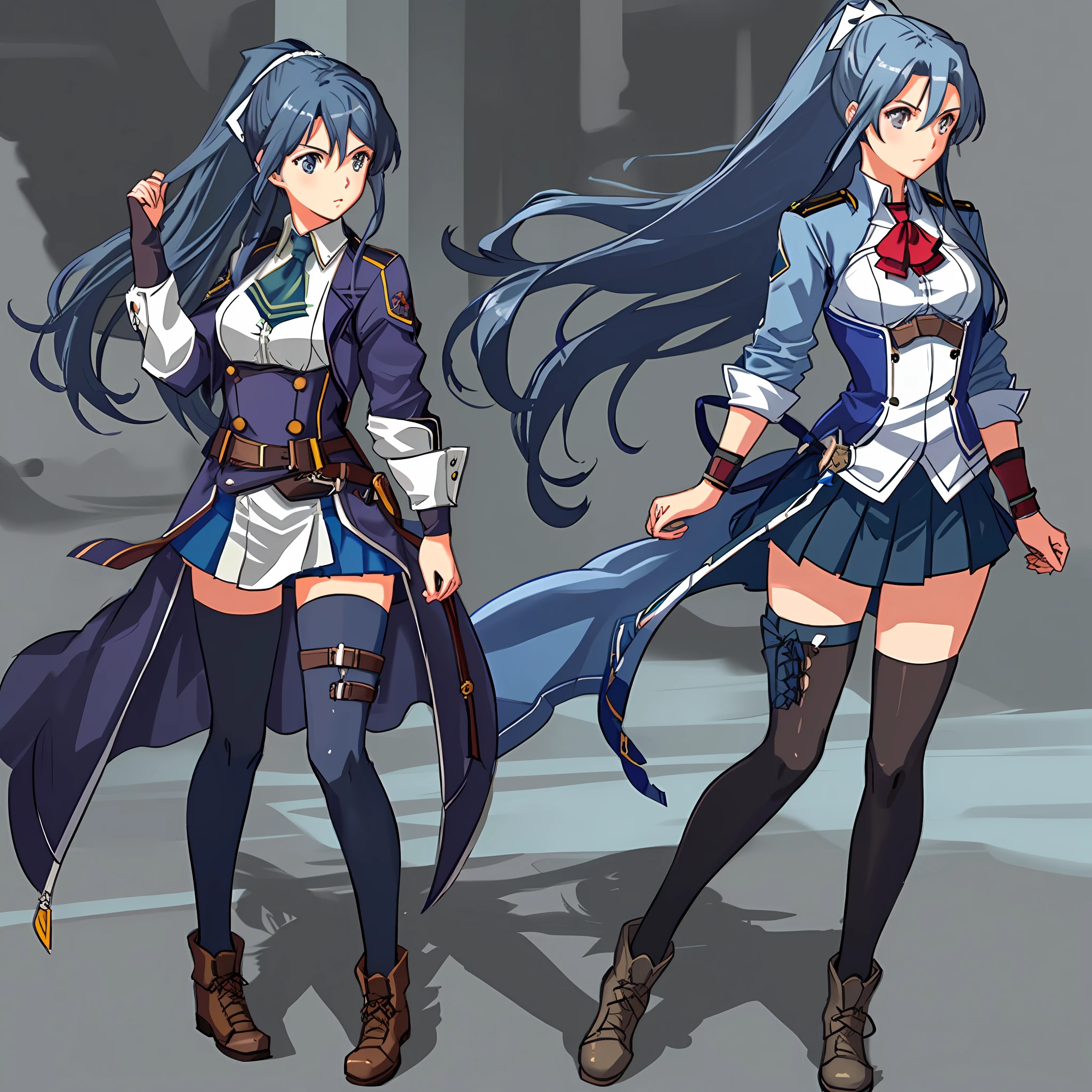 1girl, solo, Laura S. Arseid (long dark blue hair, ponytail and side Bang, small boobs), (inspired by trails of cold steel) in a school dress showing off her panties, in a military school, embarrassed