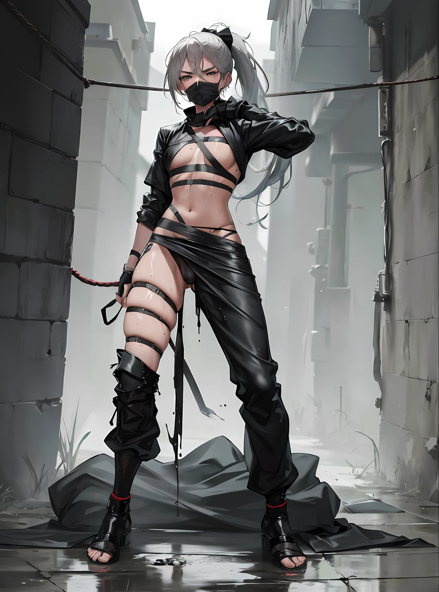 Prisoner of war, ninja, ponytail, black mask, medium breasts, torn clothes, cloth wrapped around chest, restraint, angry, slanted eyes, rope, full body wet, wet crotch, wet thighs, watery eyes , shy