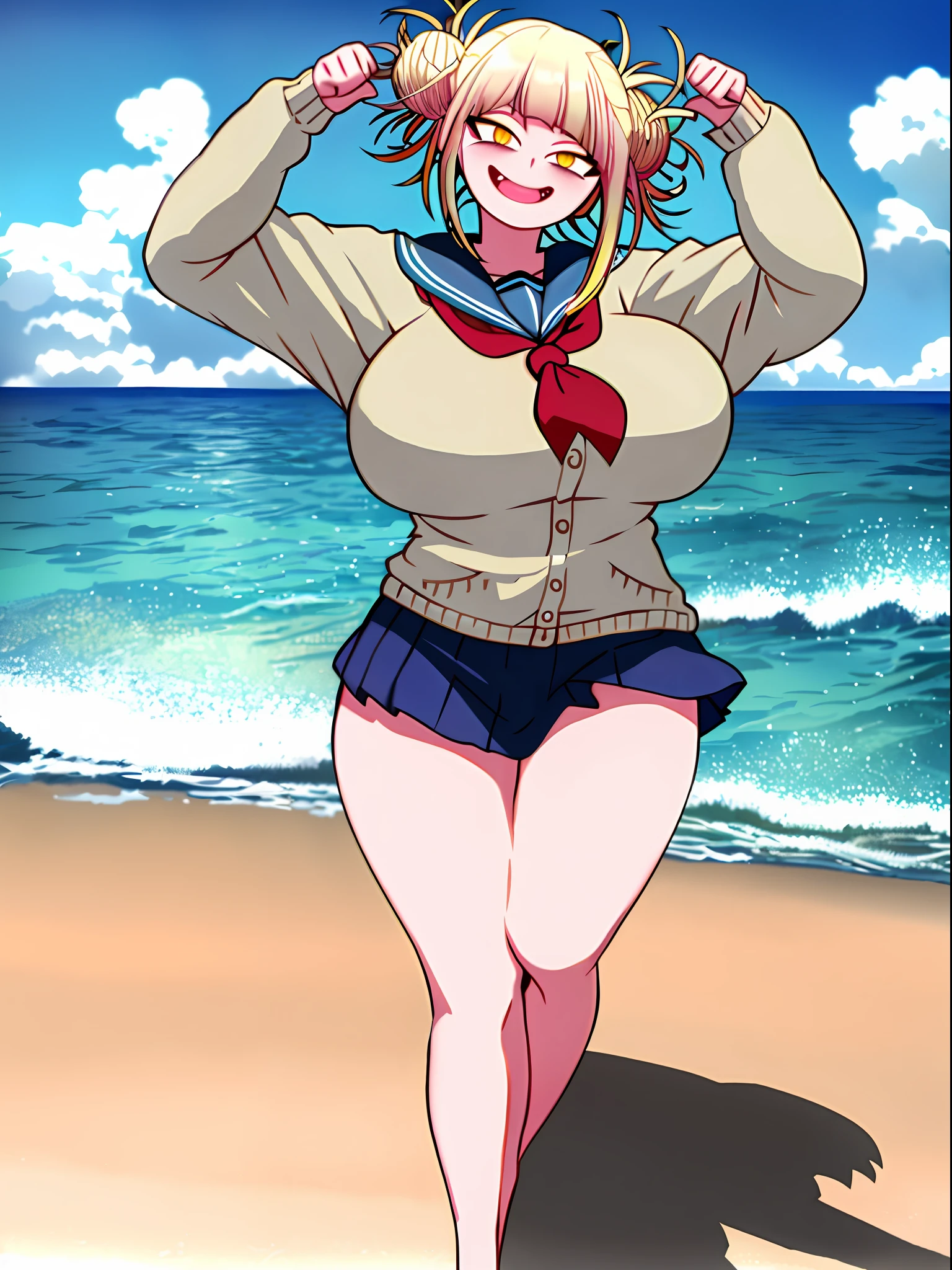 Masterpiece, best quality, (1girl), toga himiko, yellow eyes, super detailed, ((huge breasts)), arms up, looking at viewer, blonde hair, crazy smile, wide hips, open mouth, furry, cute face, fully naked, full body view, sweating, thighs, beach, outdoors, armpits, ocean, blue sky, breasts outside clothings, ((bikini)),