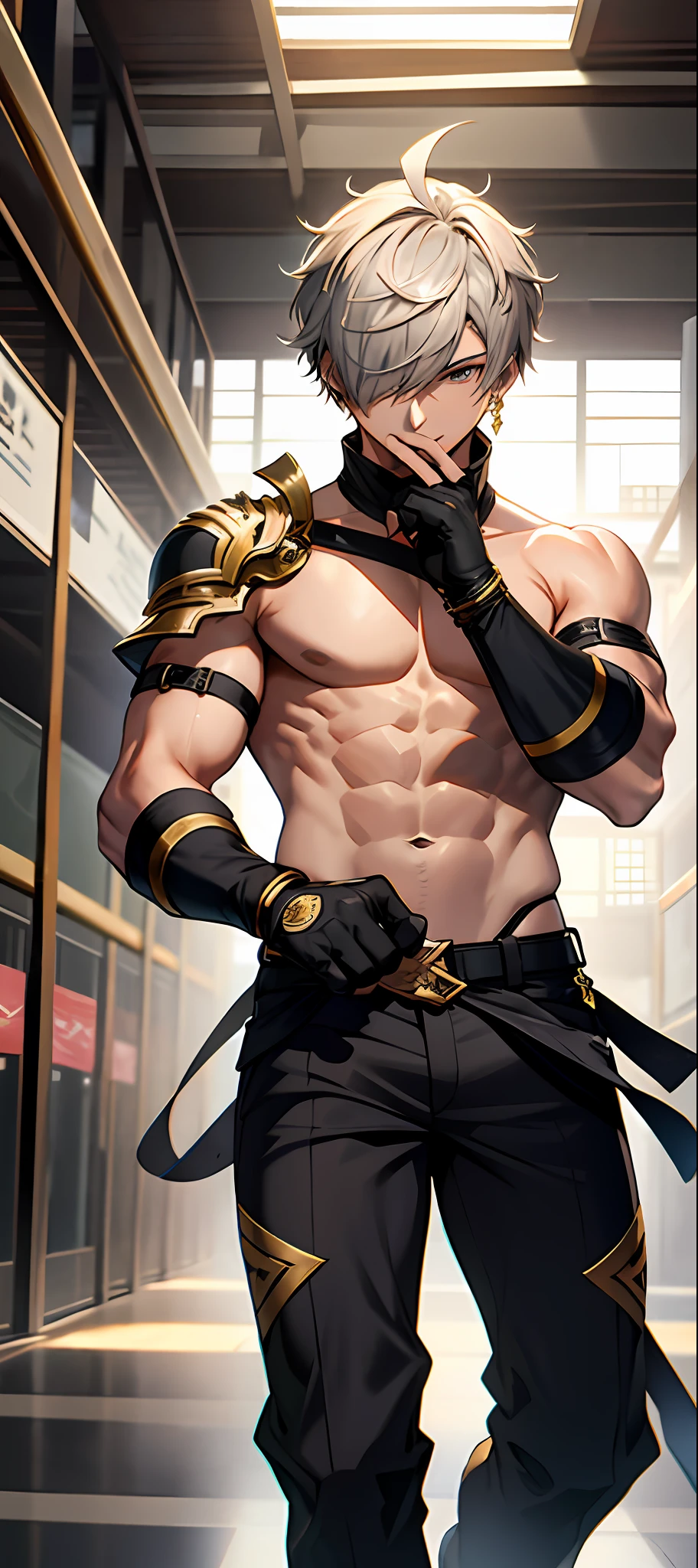masterpiece, best quality,alhaitham\(genshin impact\), ultra detailed, 1boy, male focus, shirtless, solo, gloves, shirtless pecs, grey hair, gold jewellery , ahoge, black shirt, bangs, hair over one eye, black gloves, indoors, fingerless gloves, black pants, pants, swept bangs, boots, bare shoulders, short hair, elbow gloves,(kbxll:0.6)