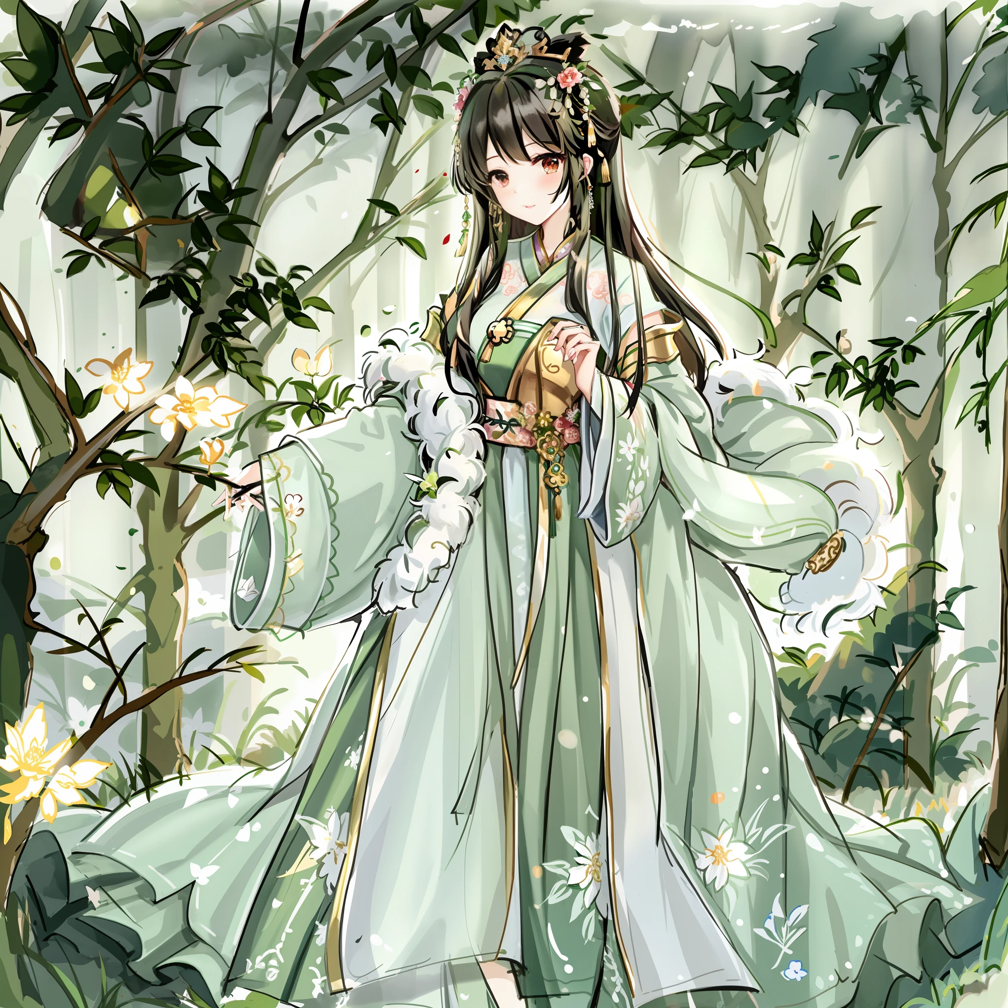 There is a in a green dress standing among the flowers and plants, the palace, the girl in Hanfu, the goddess of seduction, the goddess of erotic spring, the ancient Chinese princess, the beautiful fantasy queen, ((beautiful fantasy queen)), Chinese fantasy, Chinese princess, inspired by Ma Yuanyu, inspired by Lan Ying, inspired by the ancient Chinese goddess Ai Xuan