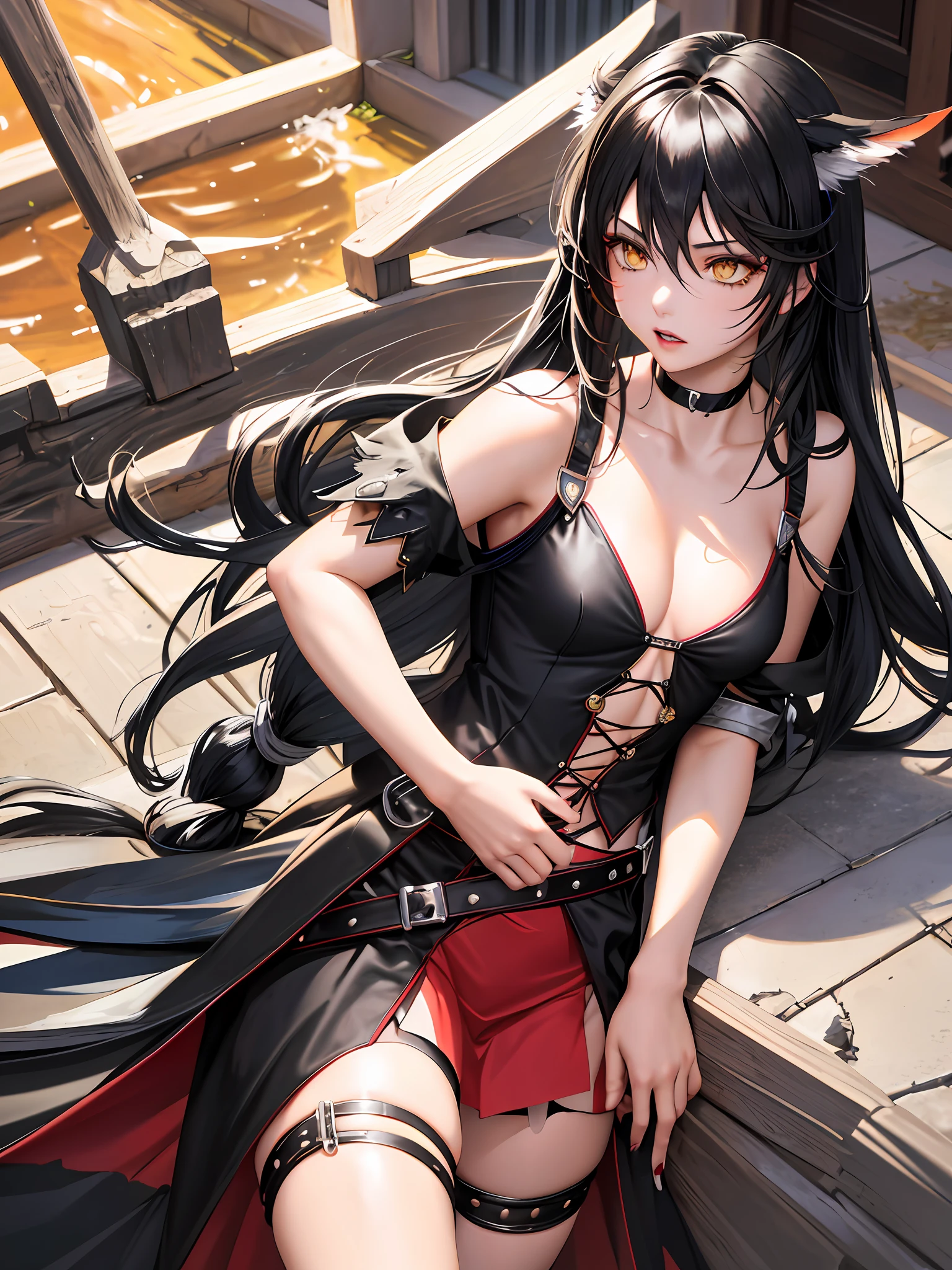 masterpiece, ultra high quality CG, best quality, perfect picture, solo, Velvet Crowe (yellow eyes, white skin, messy black hair too long, choker, small breasts, lipstick, makeup, eyeliner) showing the panties under the raised skirt, embarrassed, in a black and red school dress, heat, summer, hot, blush