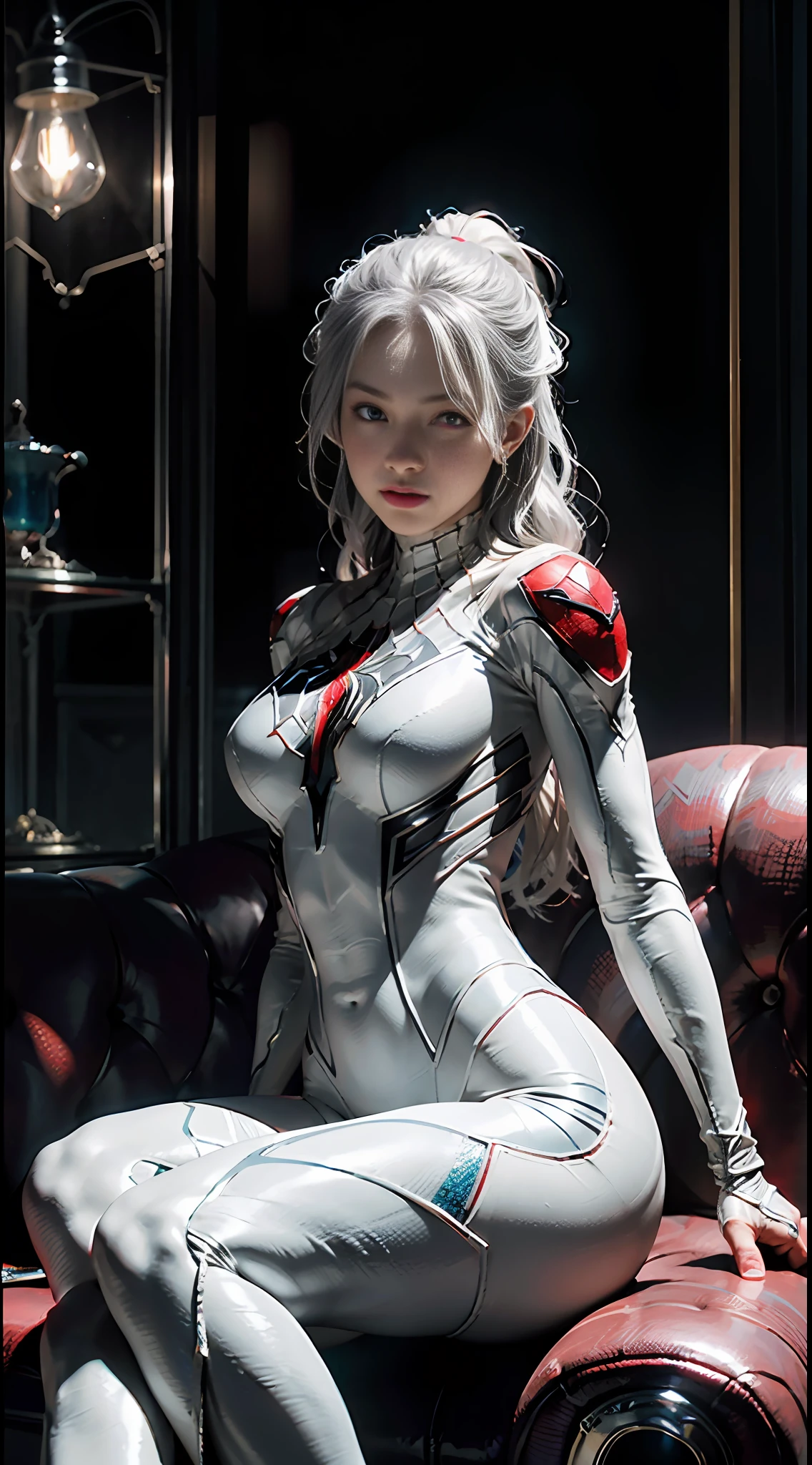 (Extreme Detail CG Unity 8K wallpaper, masterpiece, highest quality), (Exquisite lighting and shadow, highly dramatic picture, Cinematic lens effect), a girl in a white Spider-Man costume, silver gray hair color, from the Spider-Man parallel universe, Wenger, Marvel, Spider-Man, sitting on the couch, dynamic pose), (excellent detail, excellent lighting, wide angle), (excellent rendering, enough to stand out in its class), focus on white Spider-Man costumes, complex spider textures