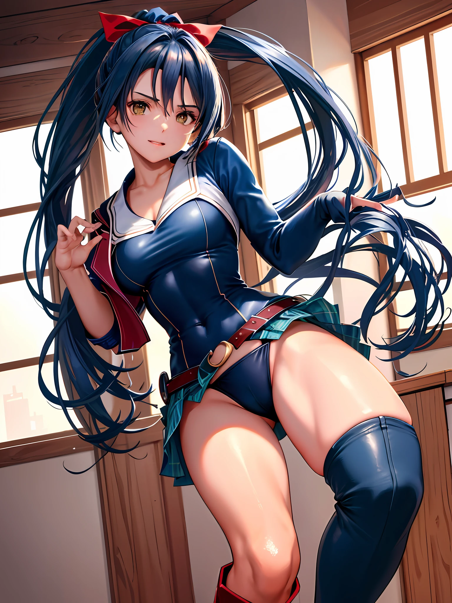 masterpiece, ultra high quality CG, best quality, perfect picture, 1girl, solo, Laura S. Arseid (long dark blue hair, ponytail and side Bang, small boobs), lifting her skirt and showing off her panties, embarrassed red sleeveless jacket, green skirt, thigh-high boots, in a classroom, heat, summer, trees