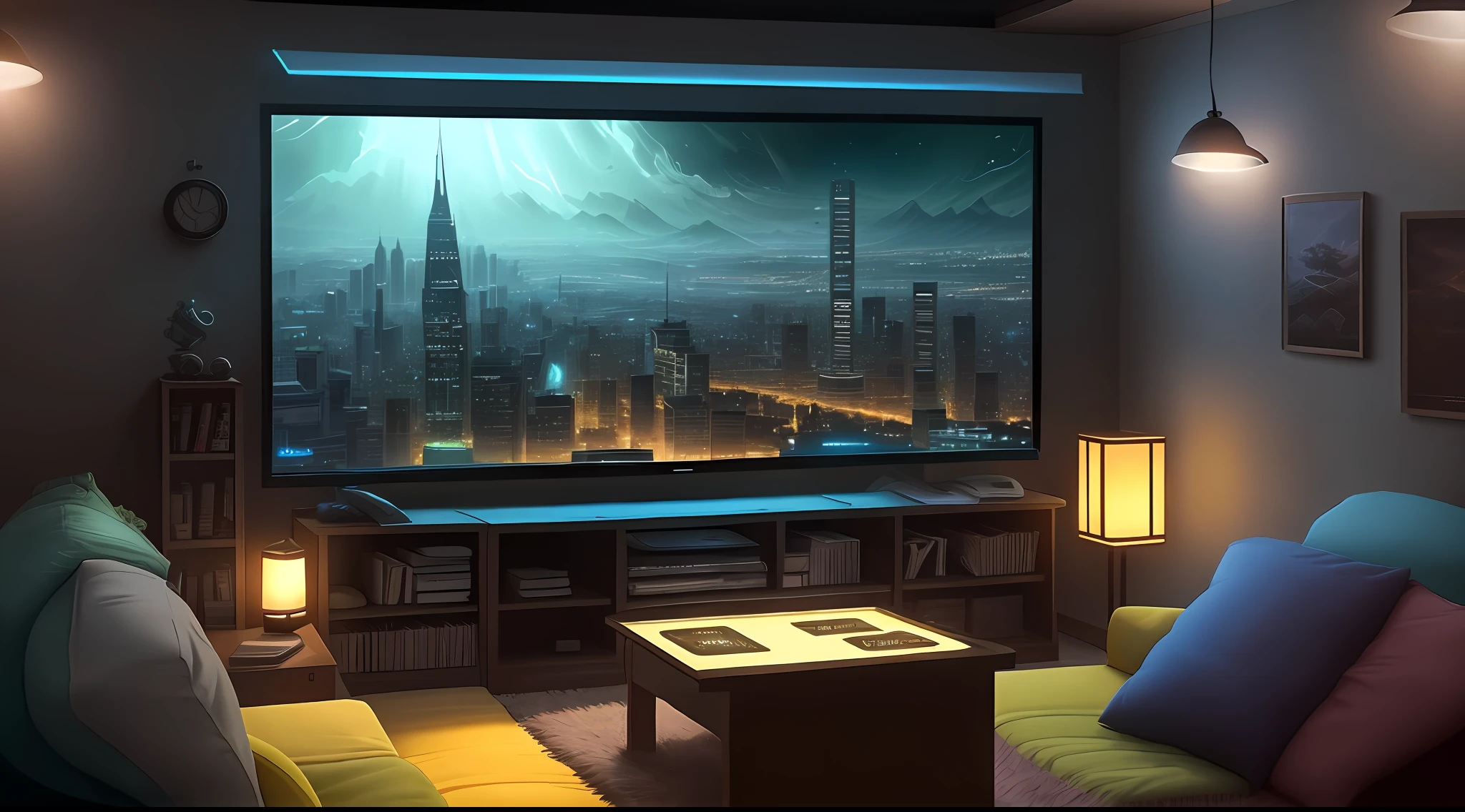 At night, the gamer's room transforms into an even more magical and engaging environment. The detail lights, now more intense, create a vibrant and modern environment, which invites you to play games or have fun with friends. The panoramic view from the large transparent glass windows blends with the night lights of the city or nature, creating an even more enchanting atmosphere. The surrounding darkness seems to invite you into a world of games and adventures. The gaming corner stands out even more under the night lights, with its modern equipment and backlit computer controls. The comfortable sofa now looks even cozier, ideal for relaxing and playing for hours. The bed is surrounded by night lights, which create a relaxing and comforting atmosphere, perfect for sleeping well. The study table now seems even more suitable for focusing and studying in a quiet and inspiring environment. In the gamer's room, the night becomes even more magical and exciting, inviting you to immerse yourself in a world of games, fun and contemplation.