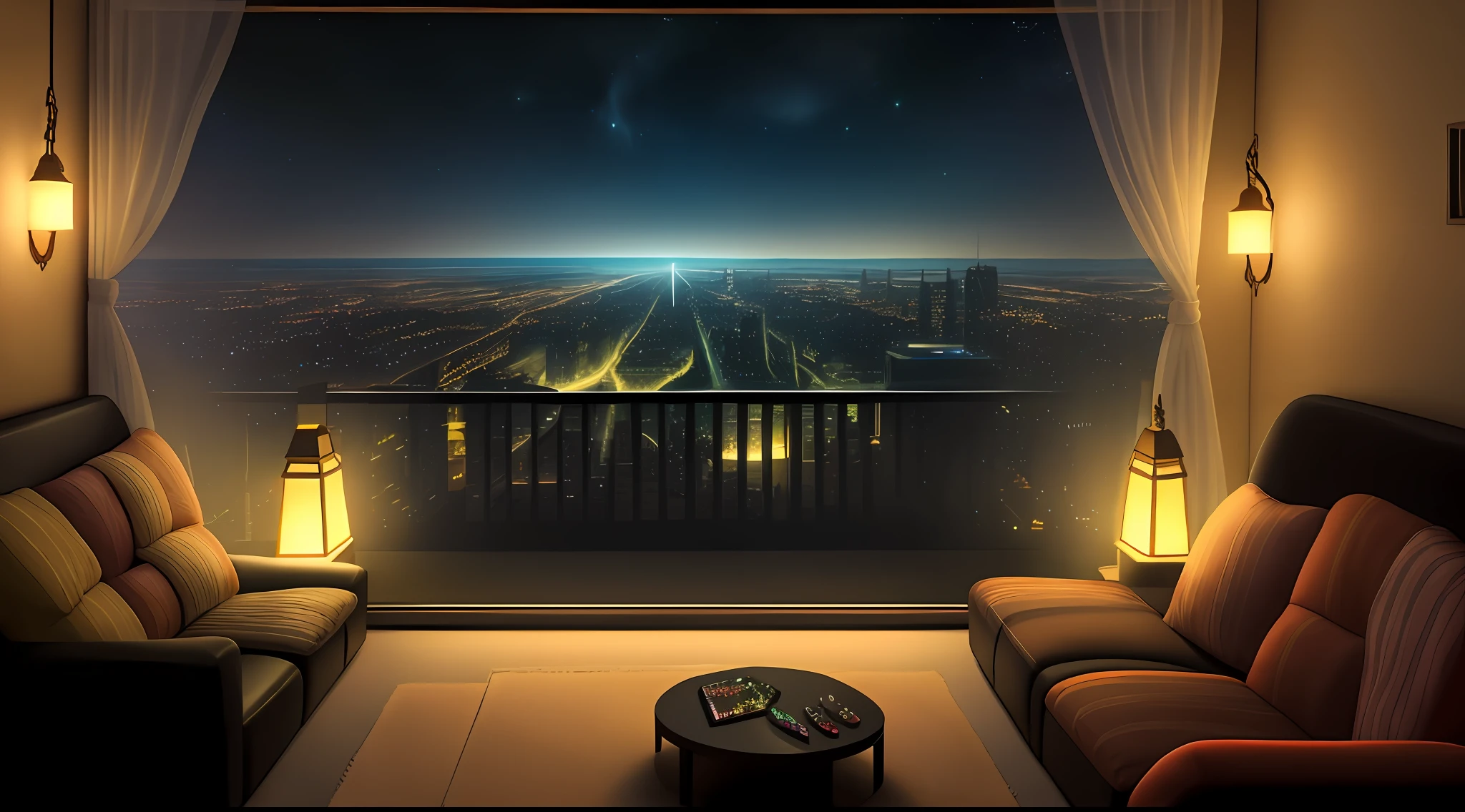 At night, the gamer's room transforms into an even more magical and engaging environment. The detail lights, now more intense, create a vibrant and modern environment, which invites you to play games or have fun with friends. The panoramic view from the large transparent glass windows blends with the night lights of the city or nature, creating an even more enchanting atmosphere. The surrounding darkness seems to invite you into a world of games and adventures.