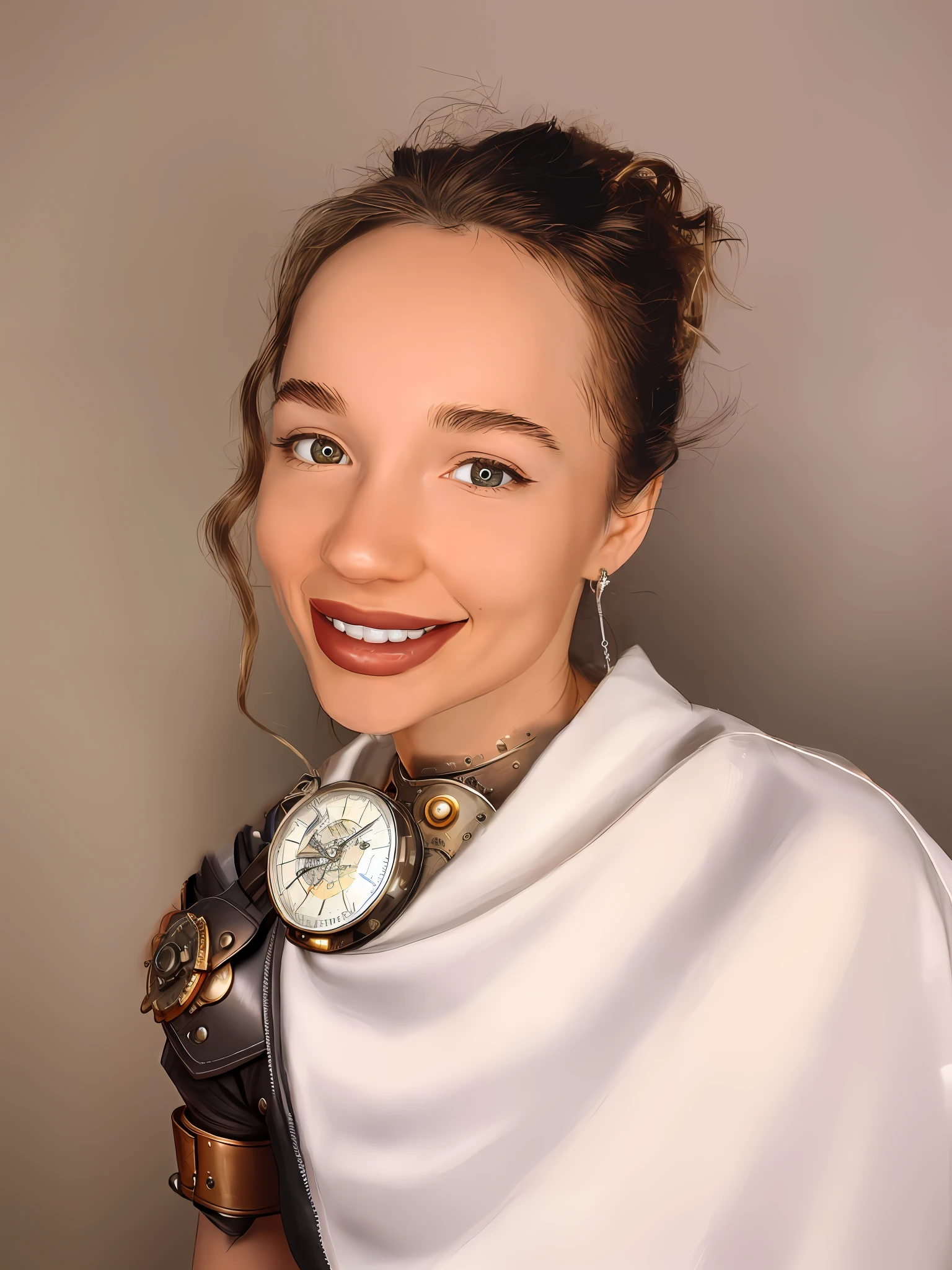 "Complete art masterpiece, high quality, ultra detailed in 4k, 8k, high resolution, hyper-realistic photo, hyper-detailed, realistic skin texture, amazing shadows, extremely detailed texture, perfect lighting, high-level image quality." A woman protagonist of a steam punk game, Fair skin, blond hair, outlined eyes, outlined face, bracelet, Full body, Nice leather clothes, steam punk dirty city on back