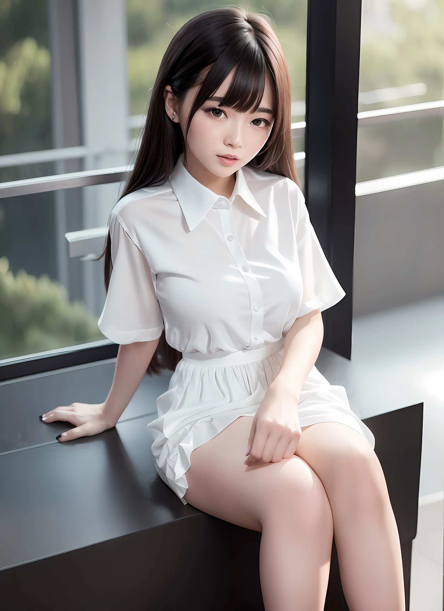 ((Li Yitong)), 8K, Best Picture Quality, Masterpiece, 1.2x Weighted), 10,000 cute, independent, beautiful girls, super details, sky and café details, night dates, sitting (red nose), big breasts, coquettish, Sweet smile (smile 1.15), deep beautiful eyes, (1.1x weighted collar shirt), short black dress, white silk stockings, white shirt, professional skirt, long flowing hair, NovaFrog style, half nude, cat, rain, bangs, high school student, gray background, well-behaved, pure desire