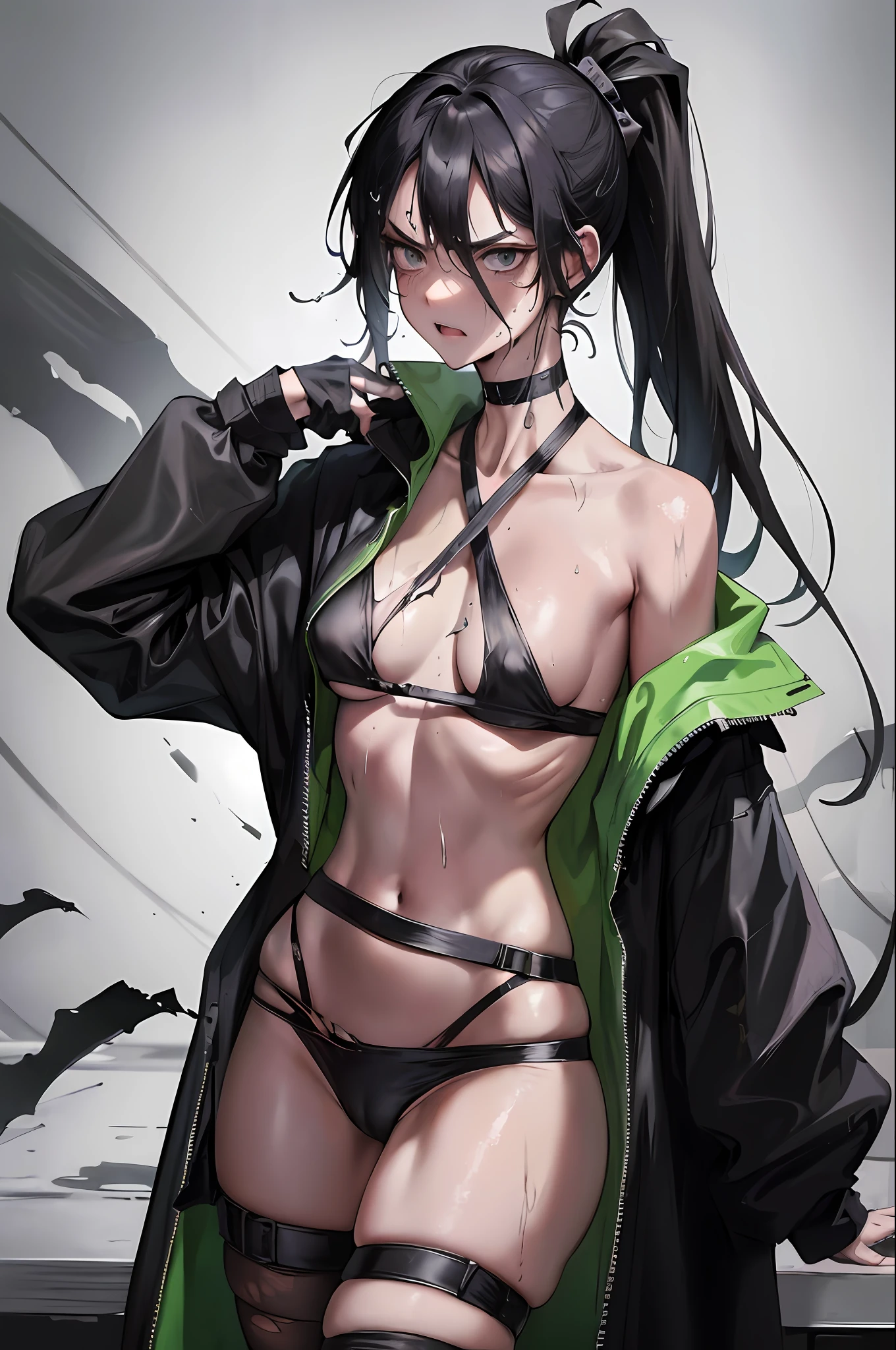 Prisoner of war, ninja, ponytail, black mask, medium breasts, torn clothes, cloth wrapped around chest, restraint, angry, slanted eyes, rope, wet with milk, wet with saliva, wet all over Yes, wet crotch, wet thighs, watery eyes, shy, tall body, hourglass body