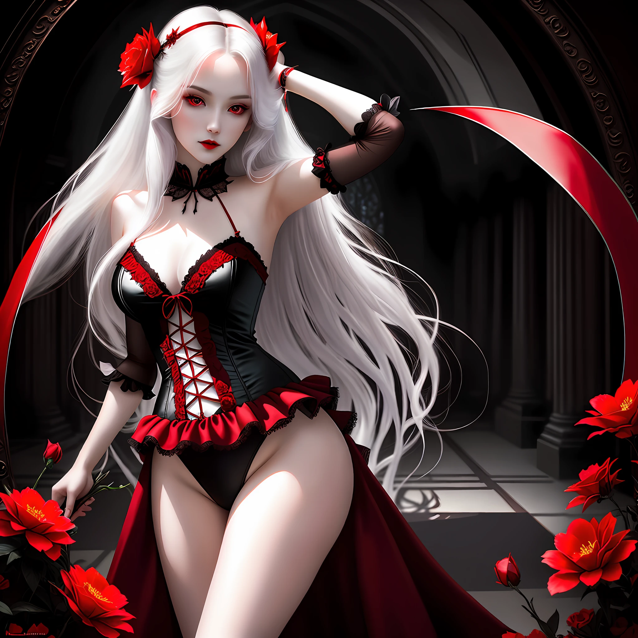 Masterpiece, Best Quality, Super Realistic, Beautiful Sexy One Vampire Girl, Solo, Full-Length Girl White Skin, Transparent Sexy Lingerie, Beautiful Red Eyes, Long Hair, Haughty Sexy Look, Hair Decorated with Red Flowers, Unusual Camera Angle, Background Beautiful Gothic Room, Moonlight Illuminates Figure and Hair