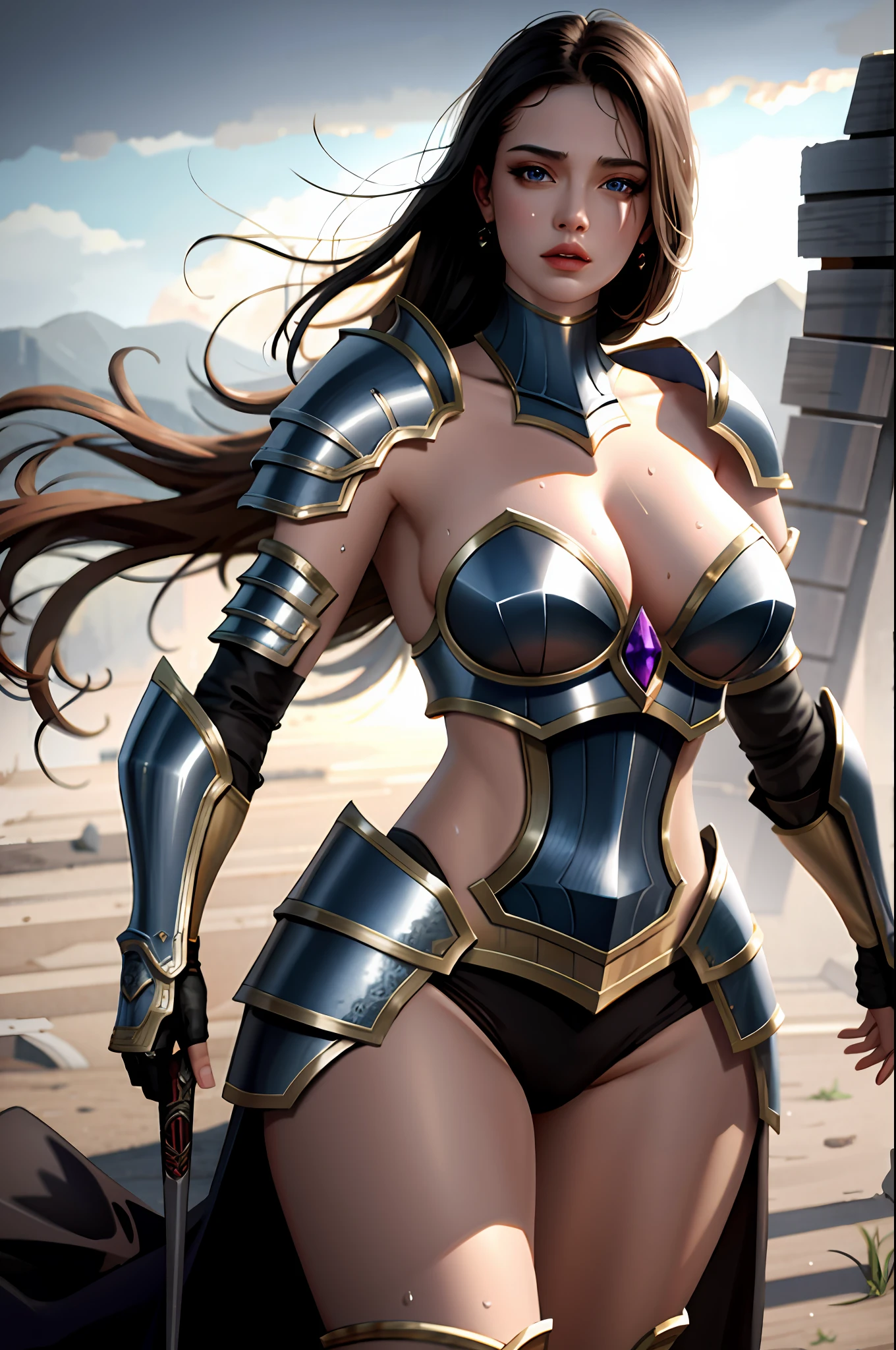 masterpiece, best quality, high quality, high resolution, high quality textures, high quality shadows, high definition, detailed textures, realistic expression of face, realistic, colorful, delicate, beauty, sweat, smell, bikini armor, tall woman, fantasy world, t-back, anger