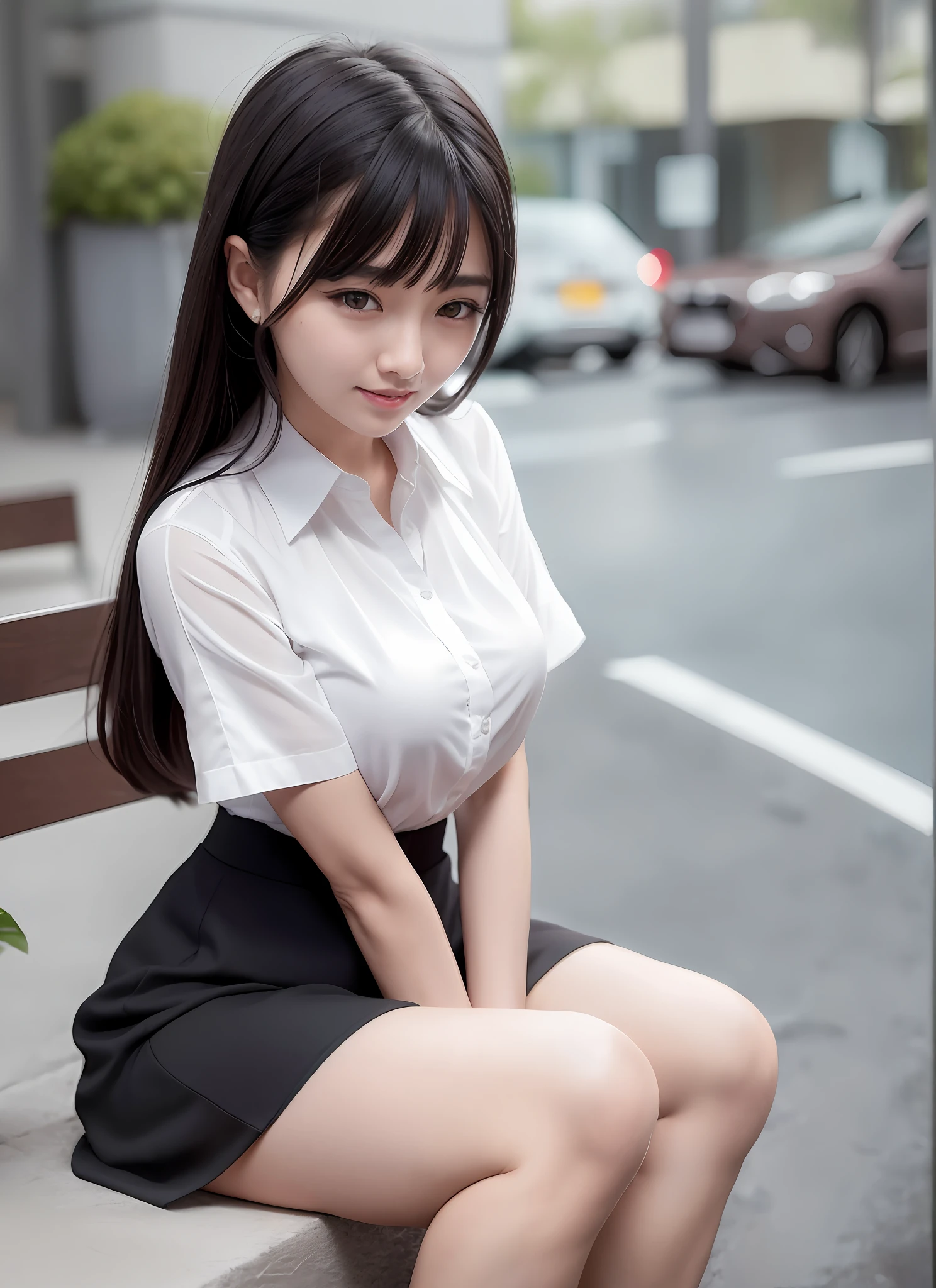 ((Li Yitong)), 8K, Best Picture Quality, Masterpiece, 1.2x Weighted), 10000 Cute, Indo, Beautiful Girls, Super Details, Sky and Cafe Details, Night Date, Sitting (Red Nose), Big Breasts, Shy 100, Sweet smile (smile 1.15), deep beautiful eyes, (1.1x weighted collar shirt), short black dress, white silk stockings, white shirt, professional skirt, long flowing hair, NovaFrog style, half nude, cat, rain, bangs, high school student, gray background, well-behaved, pure desire