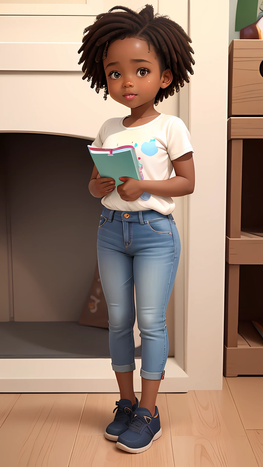3D a with pulando standing in front (((of a livro))), disney animation, brown skin like soil, cold studio lighting, evokes feelings of joy, beautiful artist rendering, as a pixar character, kawai, vestindo calça jeans, inspired by Sheila McClean, artist unknown, cherubic,