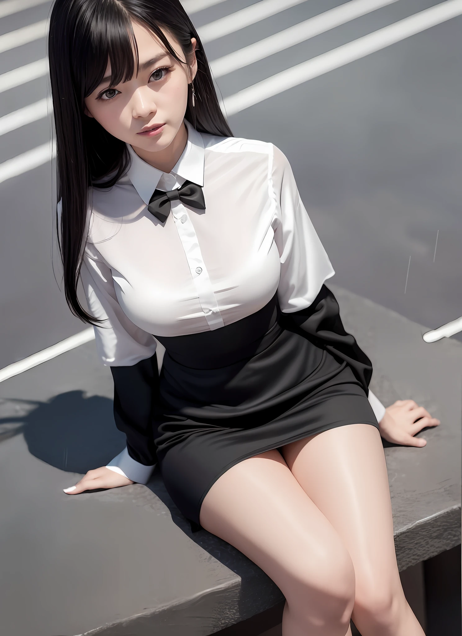 ((Li Yitong)), 8K, Best Picture Quality, Masterpiece, 1.2x Weighted), 10,000 cute, independent, beautiful girls, super details, sky and café details, night dates, sitting (red nose), big breasts, coquettish, Sweet smile (smile 1.15), deep beautiful eyes, (1.1x weighted collar shirt), short black dress, white silk stockings, white shirt, professional skirt, long flowing hair, NovaFrog style, half nude, cat, rain, bangs, high school student, gray background, well-behaved, pure desire, name tag on chest, enjoy