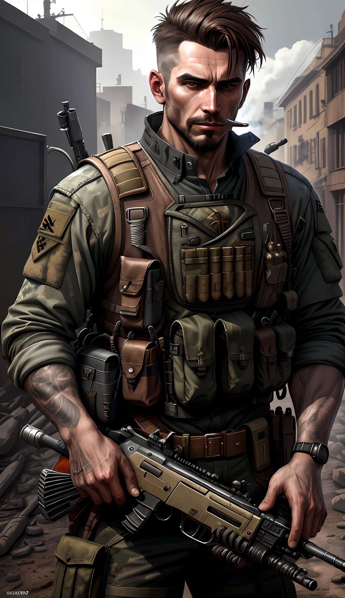 Soldier with dark uniform and rifle, ruined background, realistic, stylish, rutkowski, goatee, brown hair, buzz hair, cigarette in mouth, tactical vest, intricate details, hyperdetailed, cinematic, rim light, danger atmosphere