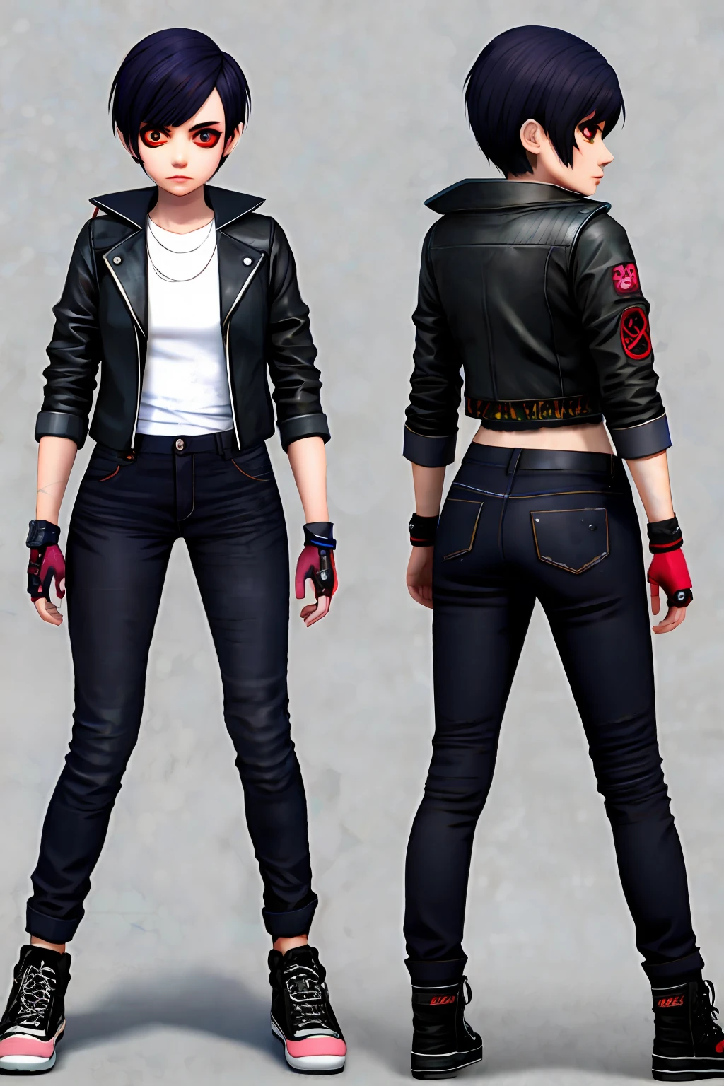 character girl stalker, several poses and expressions, 3d characters style, simple, post-apocalyptic, full color, jeans, tattoos on the arms, leather jacket, shoes, short black hair,