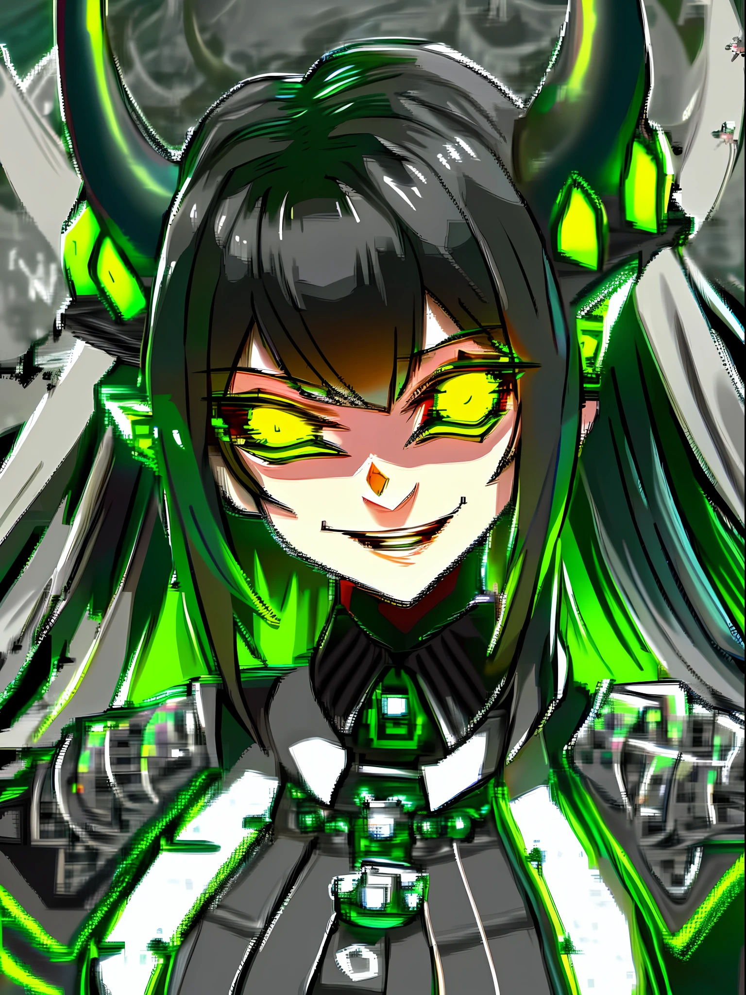 a close up of a black and green head with a green face, roblox avatar, strange crown ), spiky skin, with a spine crown, 8 k highly detailed ❤🔥 🔥 💀 🤖 🚀, pitchblack skin, half - demon horn, detailed glowing head, long black crown, the tentacle crown, demon horn, thorn crown, horned helmet, skin spikes