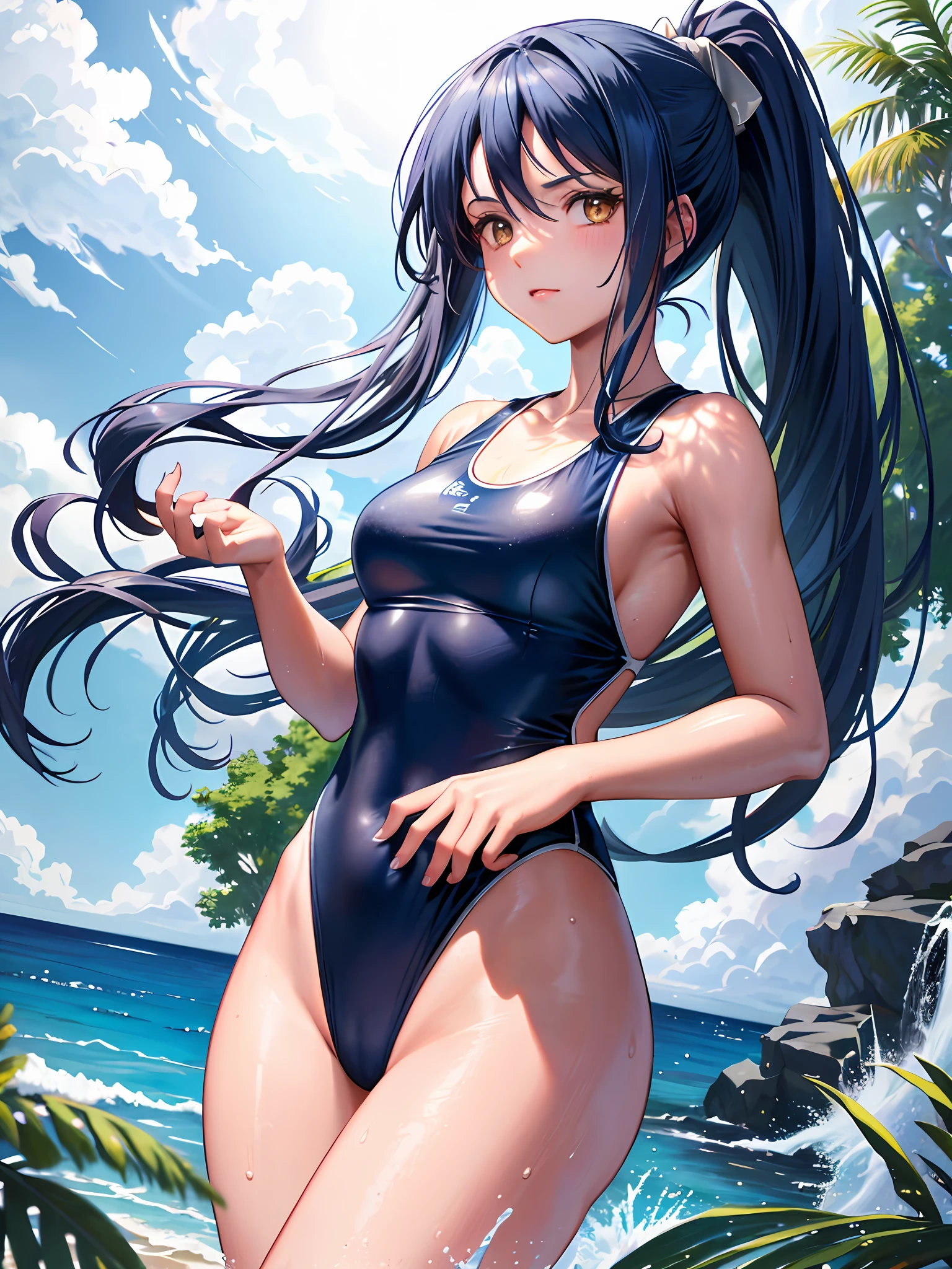 masterpiece, ultra high quality CG, best quality, perfect picture, 1girl, solo, Laura S. id (long dark blue hair, ponytail and side Bang, small boobearing blue sleeveless one-piece swimsuit, heat, summer, trees, beach, sweat, wet, armpits