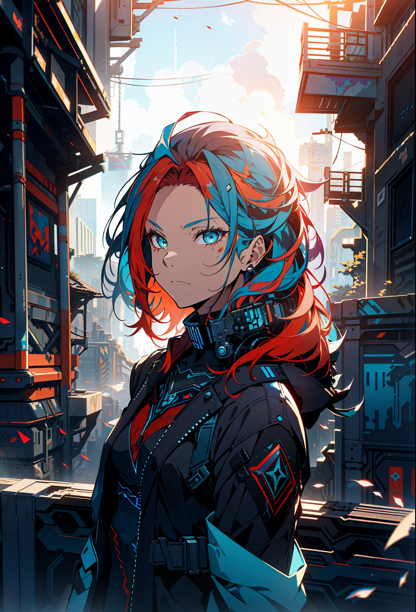 Cyberpunk female, fantasy world, dark background, clean design, epic instagram, artstation, colorful paint splatter, silhouette, hyper detailed intricate details, unreal engine, fantasy, intricate details, splash screen, complementary colors, Fantasy concept art, 8k resolution, deviantart masterpiece, oil painting, heavy strokes, paint dripping, (isolated on white background: 1.3), rainbow skin, (((beautiful young woman))), ((age:1.5) ), (glowing blue eyes), ((light eyes)), ((((medium blue and red hair: 1.1))), ((black clothes)), (princess\\(indifferent expression\\),, ( ((Wears high detail clothes))), red and blue hair, frost magic, ((chest) --v 6