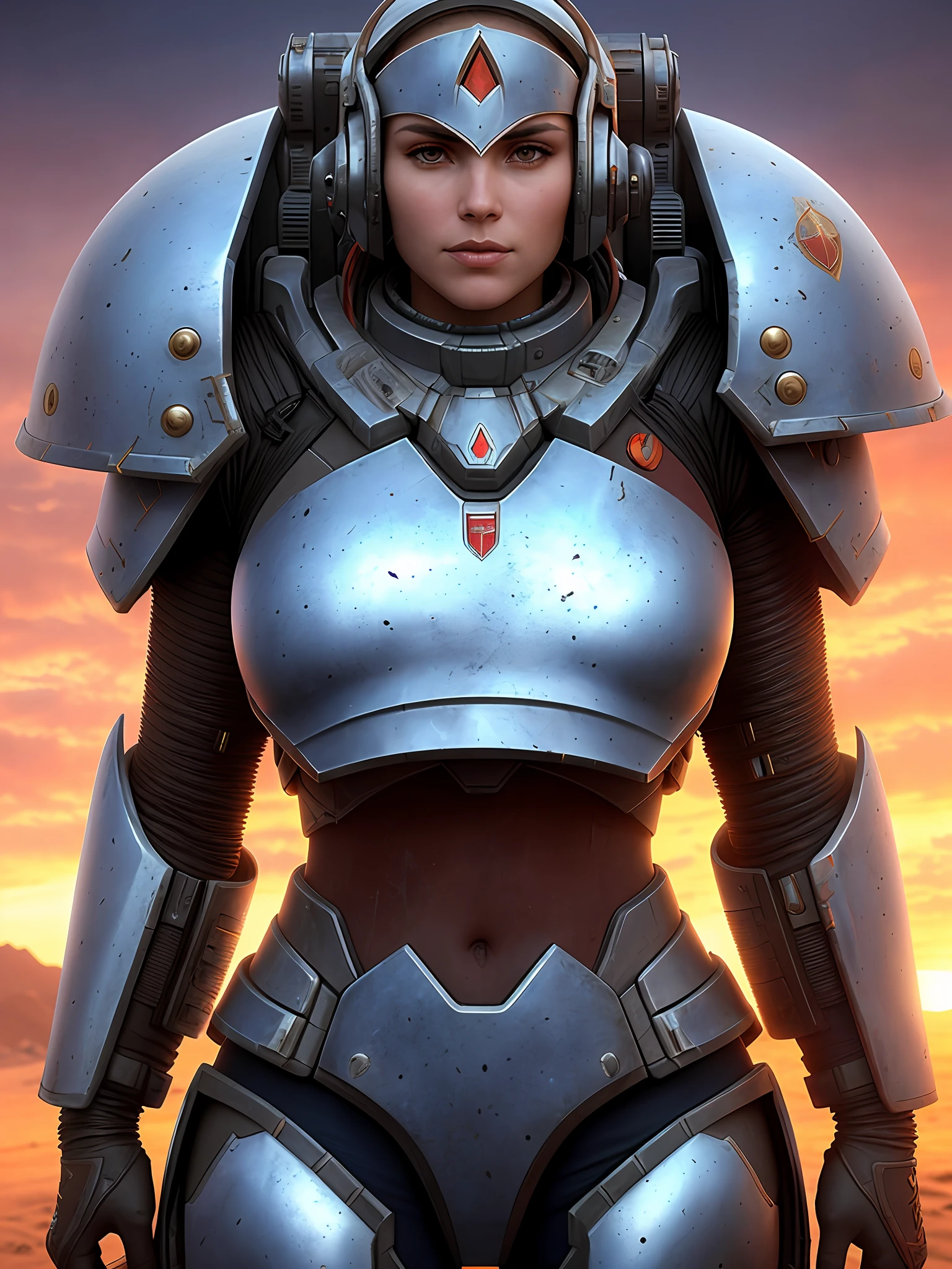 Portrait of a Space Marine woman, pronounced feminine feature, red and blue heavy armor, in the desert, detailed, cinematic composition, power armor, intricate details, eerie, highly detailed, 8k, art by artgerm and greg rutkowski and alphonse mucha, poor quality photo, blurry, reflective metal
