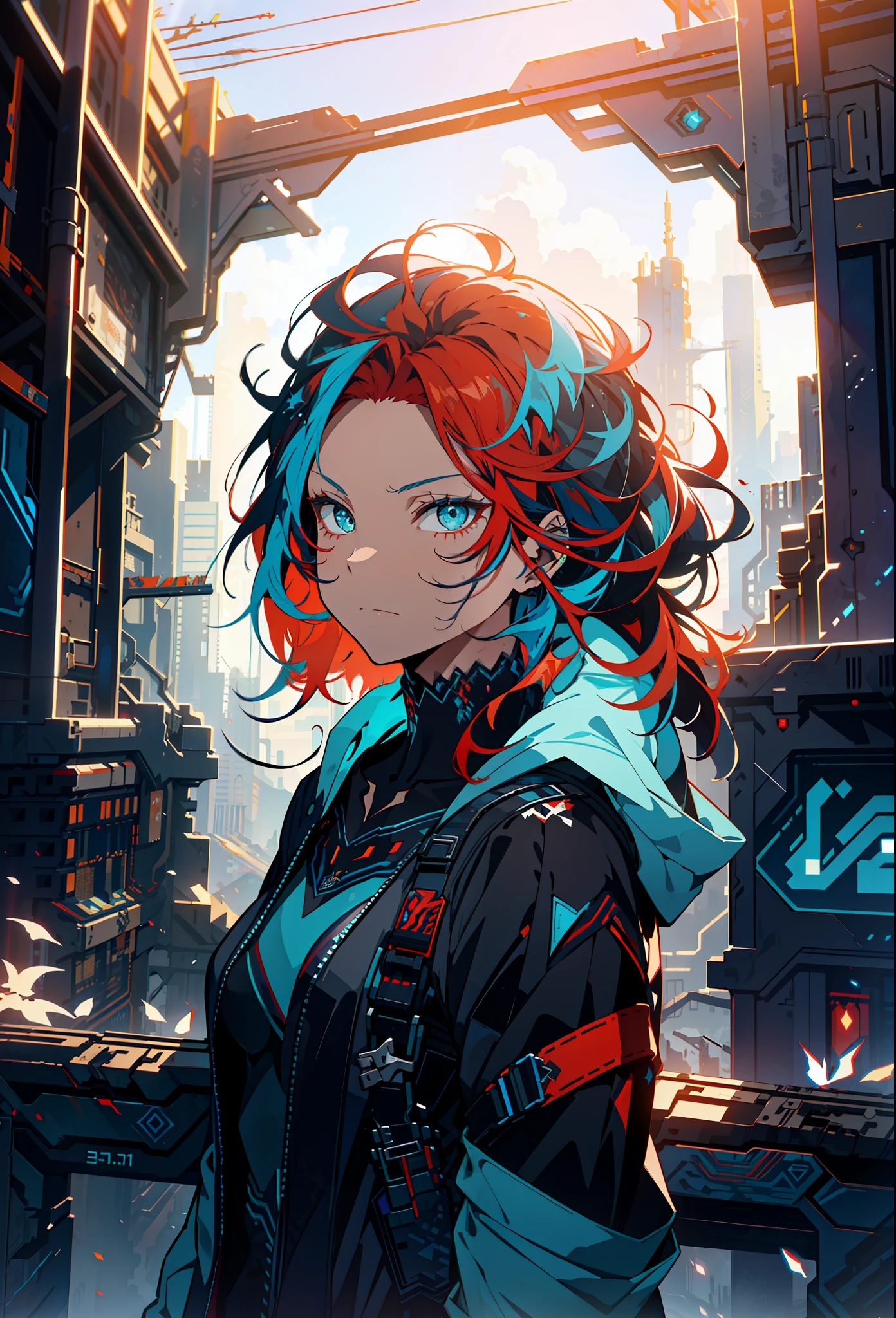 Cyberpunk female, fantasy world, dark background, clean design, epic instagram, artstation, colorful paint splatter, silhouette, hyper detailed intricate details, unreal engine, fantasy, intricate details, splash screen, complementary colors, Fantasy concept art, 8k resolution, deviantart masterpiece, oil painting, heavy strokes, paint dripping, (isolated on white background: 1.3), rainbow skin, (((beautiful young woman))), ((age:1.5) ), (glowing blue eyes), ((light eyes)), ((((medium blue and red hair: 1.1))), ((black clothes)), (princess\\(indifferent expression\\),, ( ((Wears high detail clothes))), red and blue hair, frost magic, ((chest) --v 6