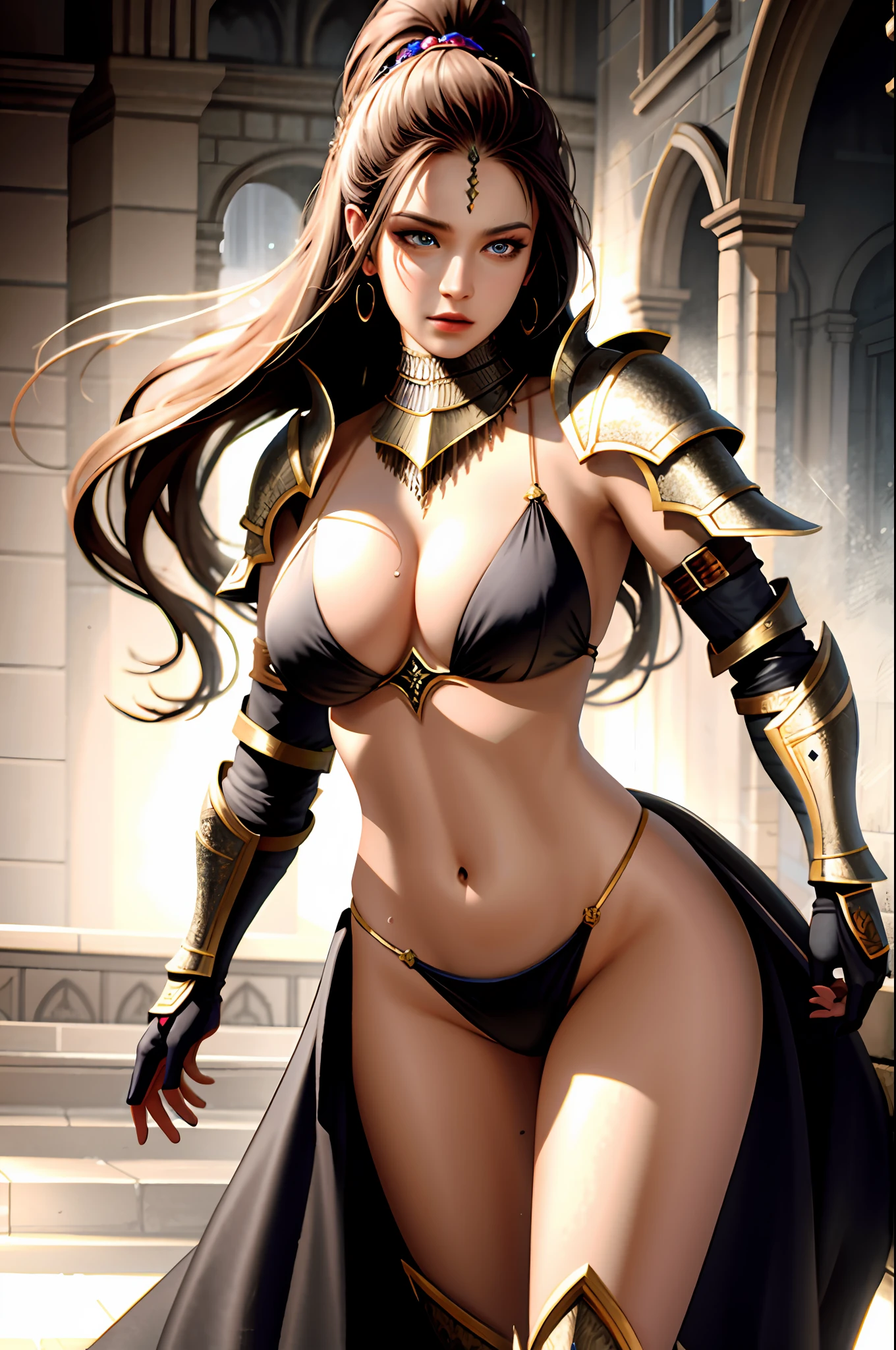 masterpiece, best quality, high quality, high resolution, high quality textures, high quality shadows, high definition, detailed textures, realistic expression of face, realistic, colorful, delicate, beauty, sweat, smell, bikini armor, tall woman, fantasy world, t-back, anger, full body