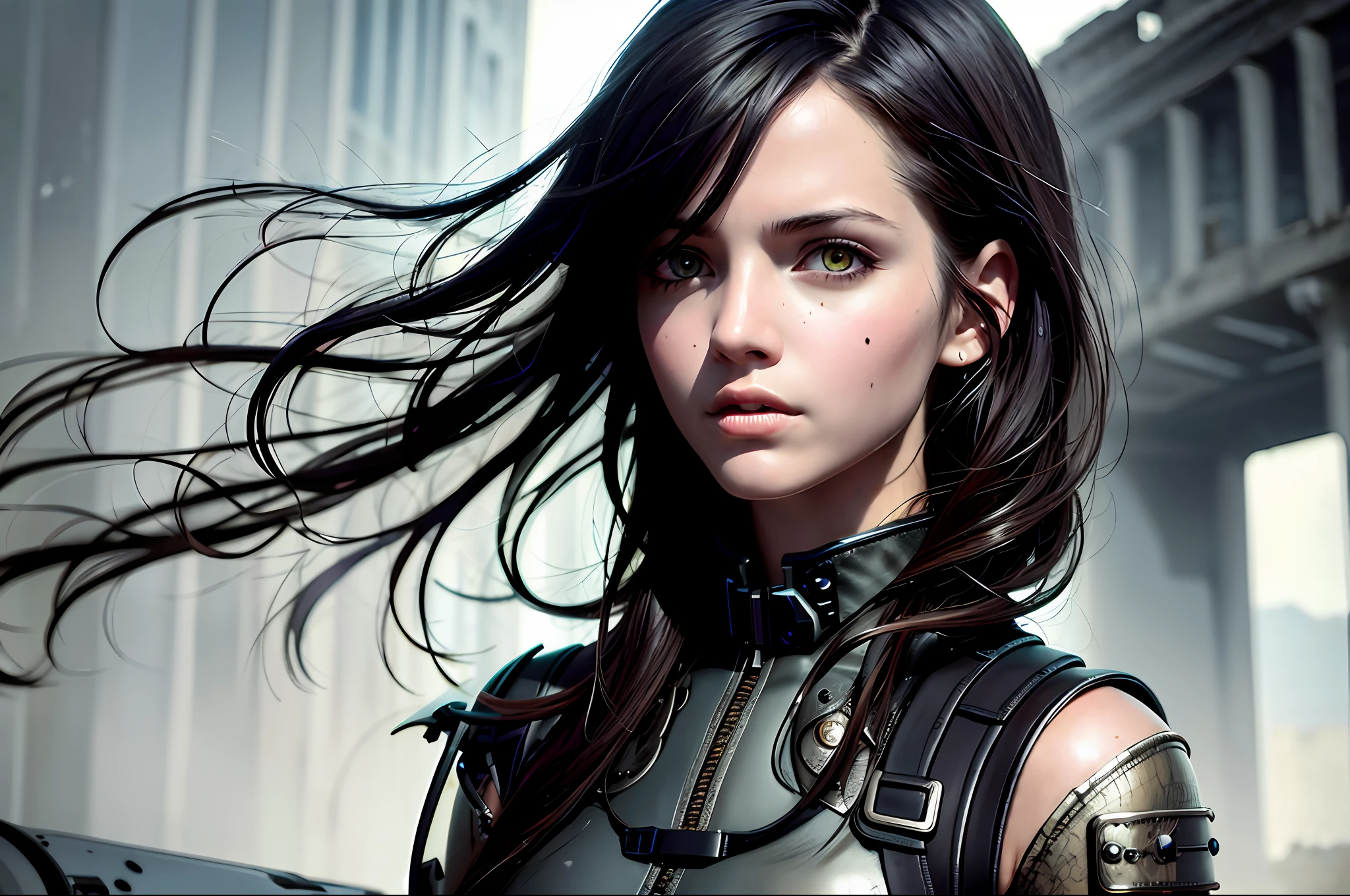 best quality, masterpiece, (realistic:1.2), young woman, waist up, post apocalypse style, detailed face, detailed eyes, detailed floating hair, strict expression, detailed skin, post apocalypse clothes, dramatic, vibrant, sharp focus, intricate post apocalypse environment,600mm,F2.8