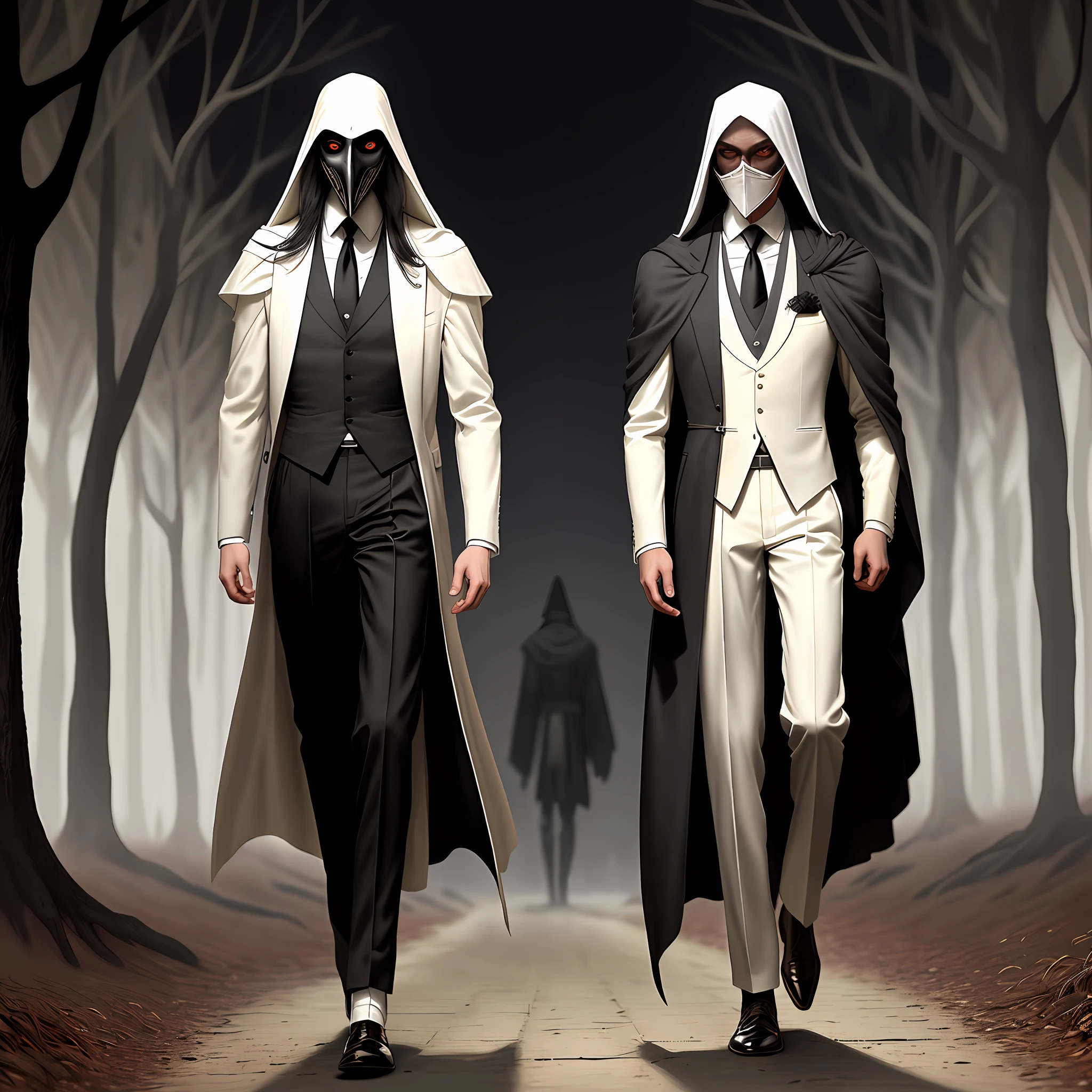 Tall and thin man,wearing a mask of the medieval plague,wearing a white dress pants,a light beige vest and a tie of the same color,wearing underneath a white long-sleeved blouse, with black hands and black color show,walking in a place full of trees,on a reddish night with several crows flying around