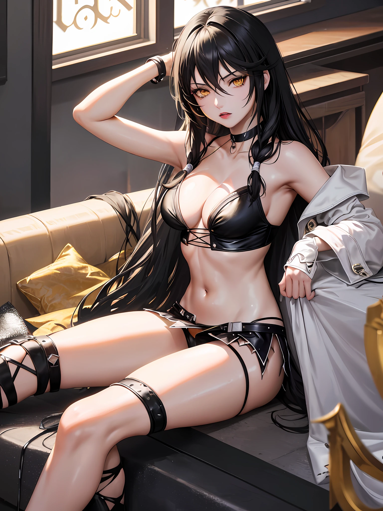 masterpiece, ultra high quality CG, best quality, perfect picture, solo, Velvet Crowe (yellow eyes, white skin, messy black hair too long, choker, small breasts, lipstick, makeup, eyeliner) wearing leather lingerie in a hotel room, windows, night, intimidating, on the floor with open legs, lega spreading, showing the crotch