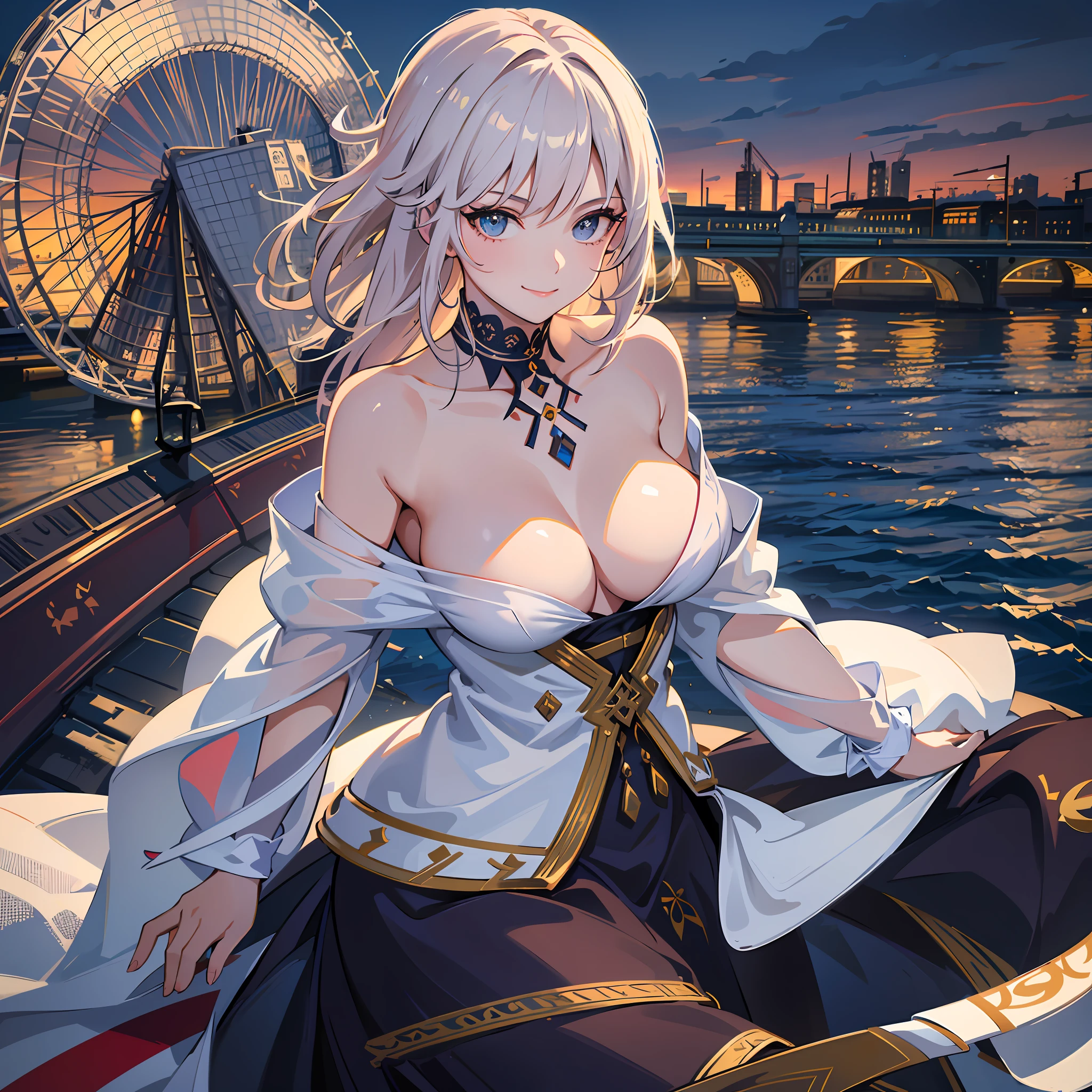 a smiling woman, looking at viewer, ((London:1.3)), magnificent, (landmark, sightseeing, outdoor:1.3), (8k, RAW photo, best quality, masterpiece:1.2), illustration, an extremely delicate and beautiful, perfect female body, (extremely detailed, 8k, Amazing, finely detailed), beautiful detailed eyes, best quality, ultra high res, ((extremely detailed face)), extremely detailed body, wearing gorgeous dress