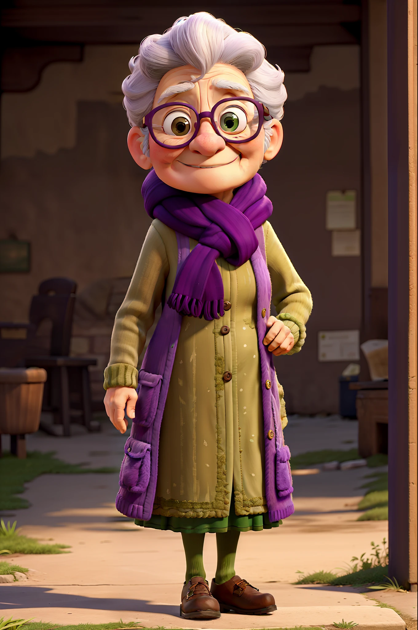 Masterpiece, of better quality, an elderly woman in glasses and scarf, wearing a purple coat and green scarf, standing in the city