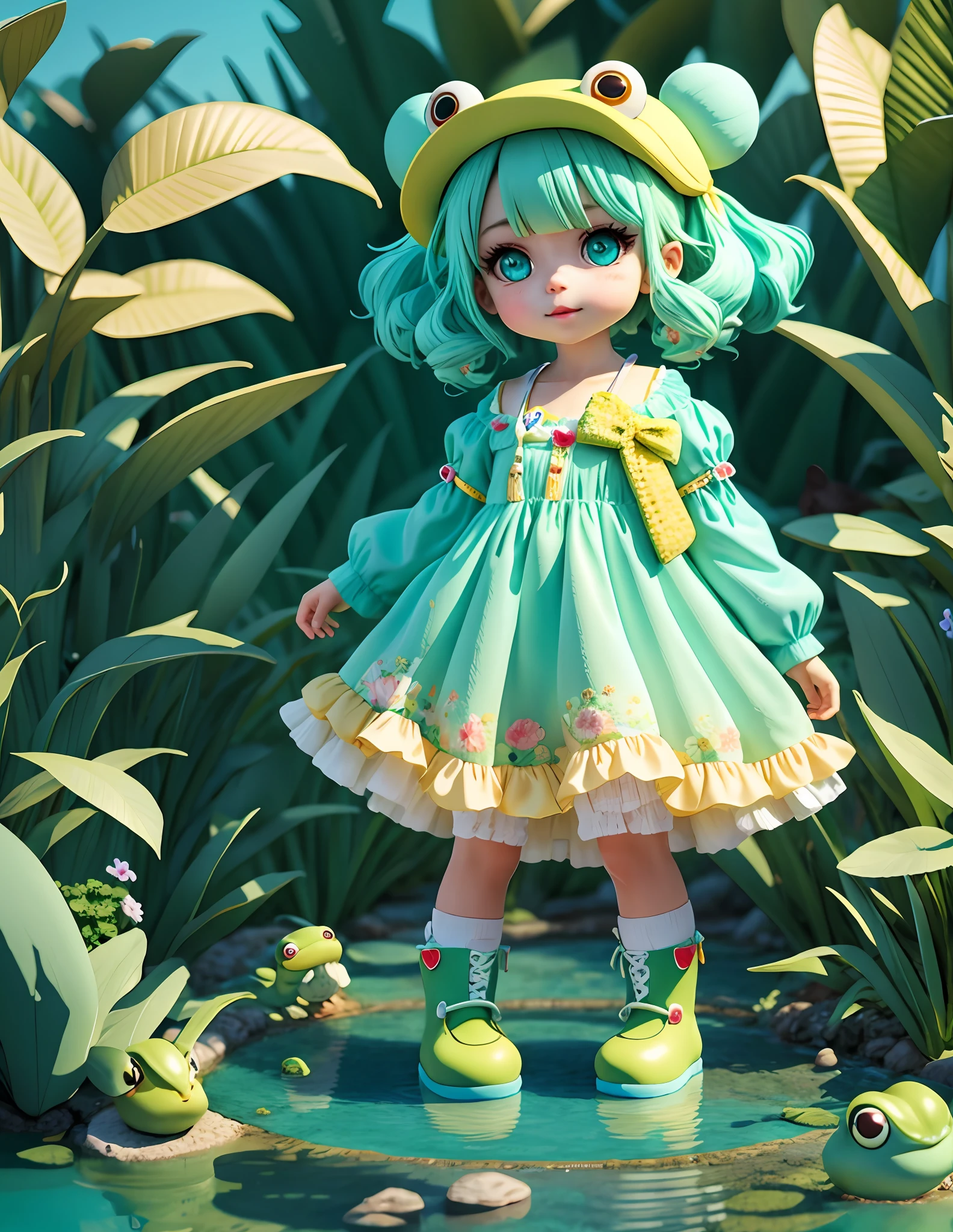 Cute with big sparkly eyes, heart in eyes, full body, laced shoes or boots, aqua hair, (frog), cute green and aqua clothes, yellow details, pond, water, rainy day, popmart blind box, clay texture, clean background, natural light, best quality, ultra detail, 3d art, c4d, blender, oc renderer, 3d render, 8k