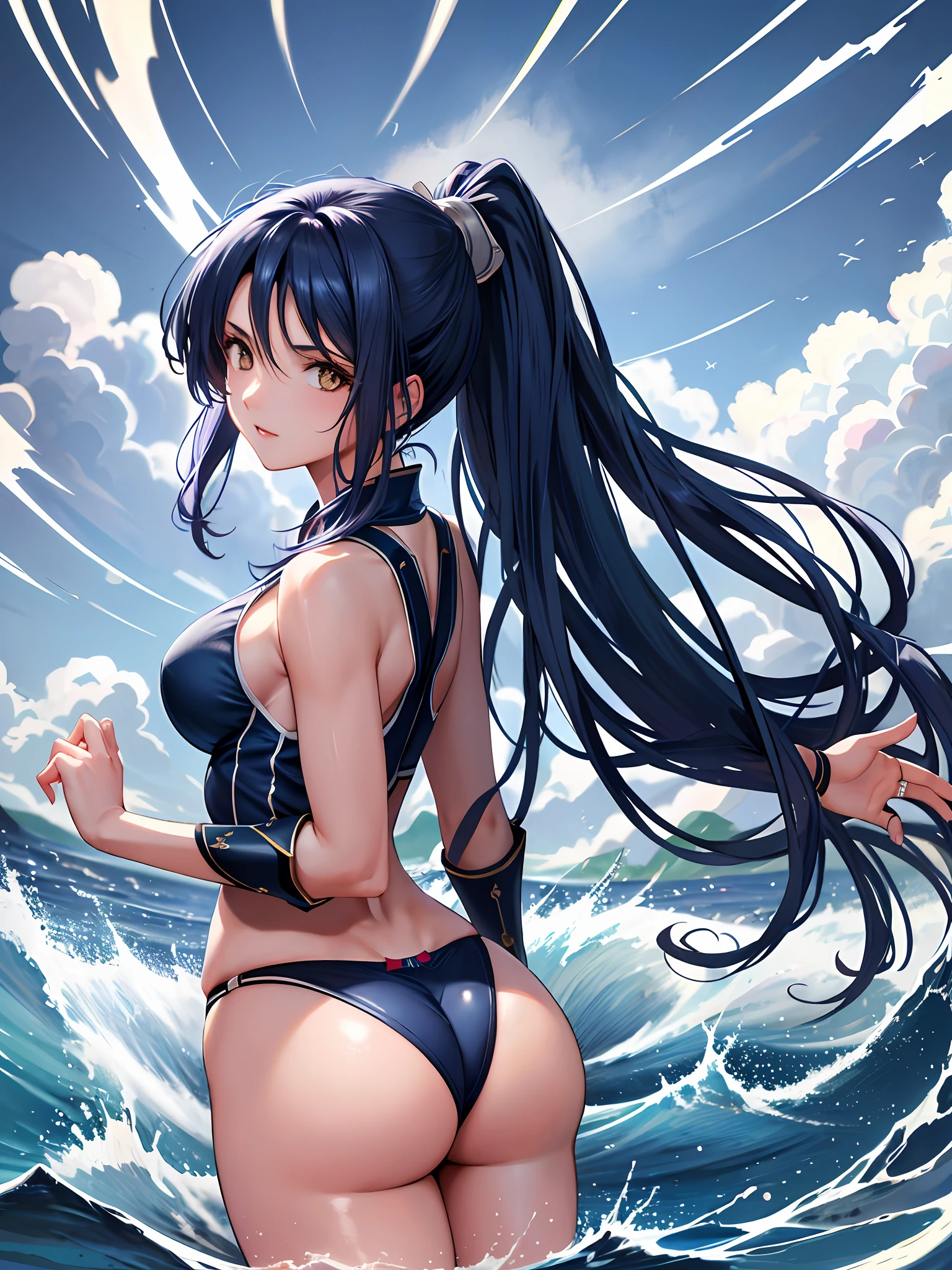masterpiece, ultra high quality CG, best quality, perfect picture, solo, Laura S. Arseid (long dark blue hair, ponytail and Bang side, avarege breasts), wearing bra and panties BLUE, back, back Photo, Nice ass