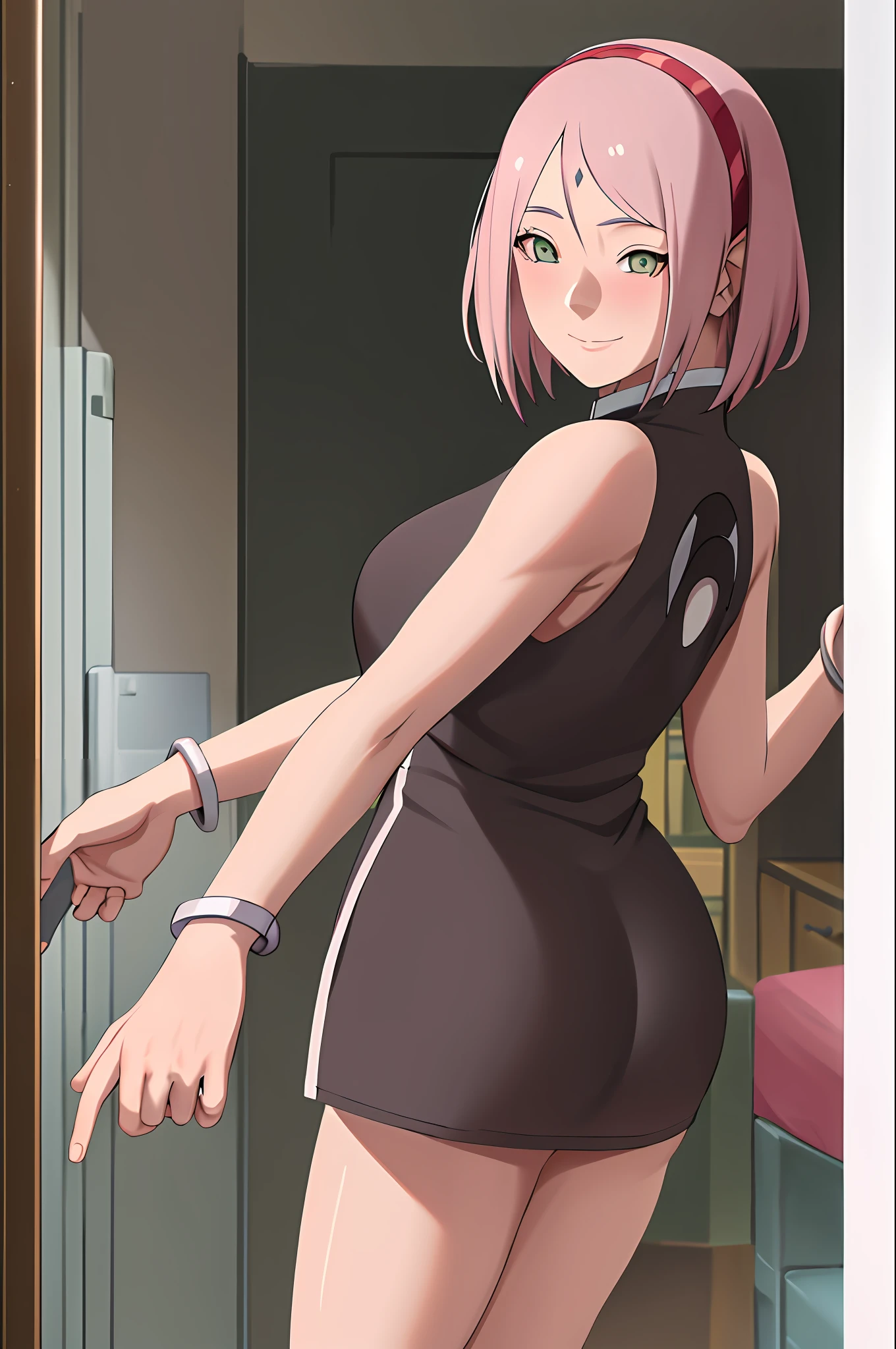 masterpiece, absurdres, 1 girl, Hyuga Hinata, white eyes, black hair band, black sleeveless dress short to thighs, bracelet, from behind, no pants, looking at the viewer, room, floating hair, smile, blushing,