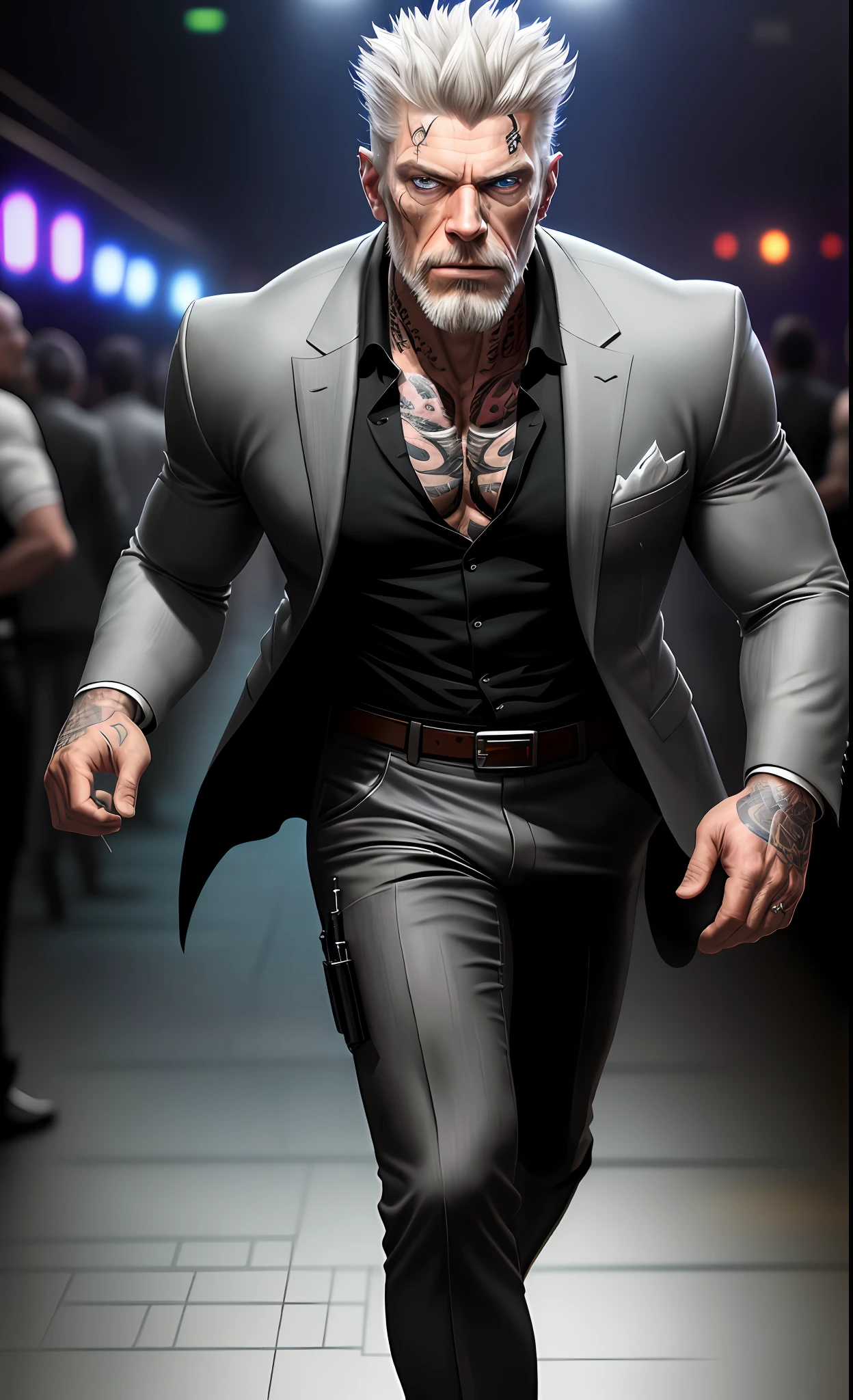 Extremely detailed, very realistic, very sharp, hyper realistic, best quality, masterpiece, 50 age, tall muscled, grizzled (stylish) hair, stubble, Stephen Lang, ((scars)), pants, evil, boots, holster, (((nightclub))), ((blazer)), ((tattoos)), goatee,