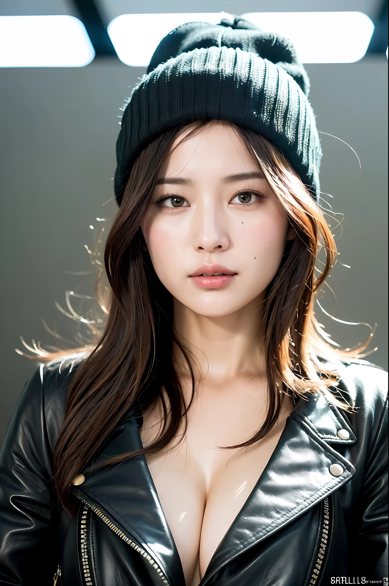 ((8k:1.27), top quality, masterpiece, super high definition:1.2) Cute Japan Woman Pictures (Beautiful:1.1) (Sci-Fi Warrior Woman: 1.1) Space Soldier, (Beanie: 1.61) (Leather Jacket: 1.21) Complex and elegant, fantasy, detail, geometric patterns by Greg Rutkowski and Alphonse Mucha, gradient lighting, cleavage