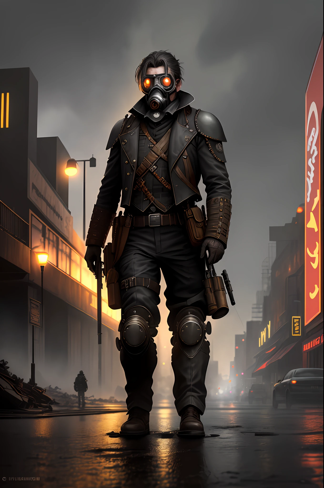 Steampunk surviving man with worn black uniform, gas mask, uses rifle, giant and strange illuminated structure in the background, realistic, stylish, rutkowski, hdr, intricate details, hyperdetailed, cinematic, rim light, danger atmosphere, night, red light, dark street, rain, 4k, fire, assault rifle, (full body),