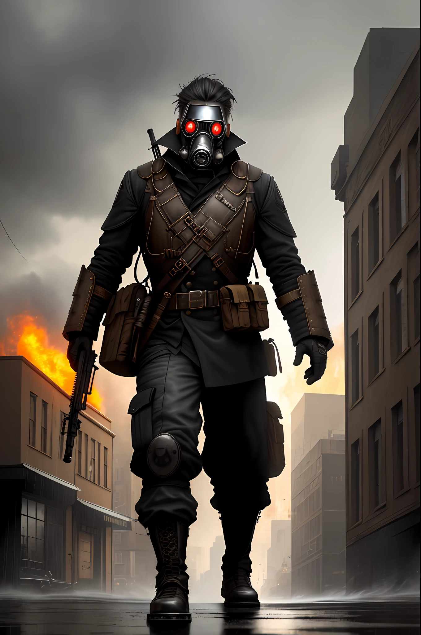 Steampunk surviving man with worn black uniform, gas mask, uses rifle, giant and strange illuminated structure in the background, realistic, stylish, rutkowski, hdr, intricate details, hyperdetailed, cinematic, rim light, danger atmosphere, night, red light, dark street, rain, 4k, fire, assault rifle, (full body),