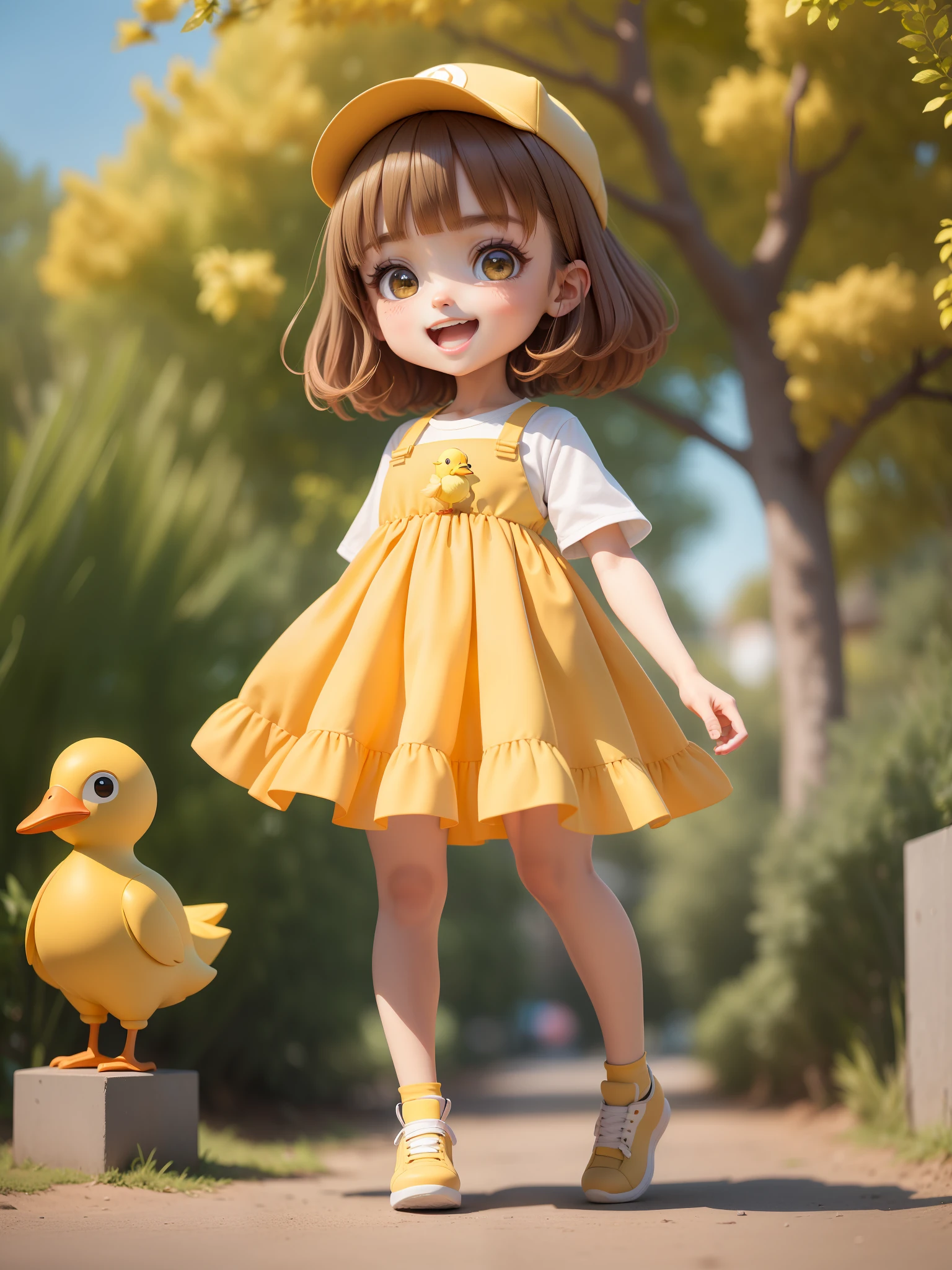 (Masterpiece), (Best Quality), (Ultra Detailed), (Full Body: 1.2),
1 girl, chibi, cute, smiling, open mouth,
Outdoor, wearing cute little yellow duck hat, holding little yellow duck, blushing, tree, :3, shirt, short hair, brown hair, blush sticker, hip hop clothing, brunette hair, street style
(beautiful delicate face), (beautiful detail eyes),