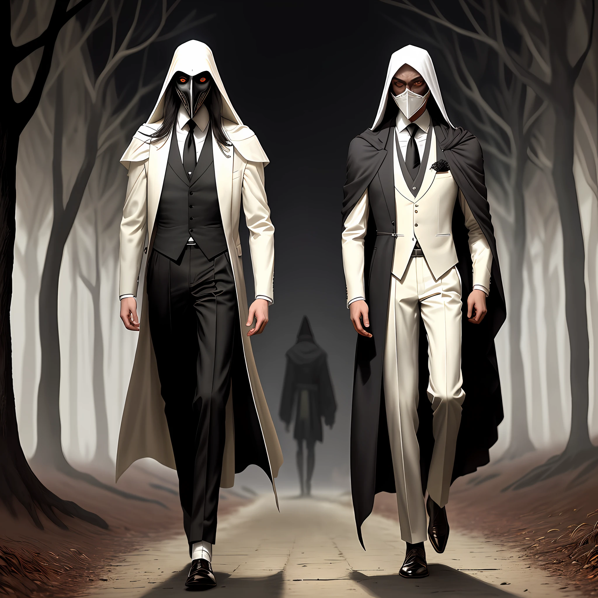 Man with white color plague mask full of crack,wearing white suit,light beige tie,white tie,and light beige vest,walking in a black forest with a little girl of 7 years,wearing a dirty dark brown dress and holding a dirty teddy bear of brown color.walking the two in a forest with reddish sky