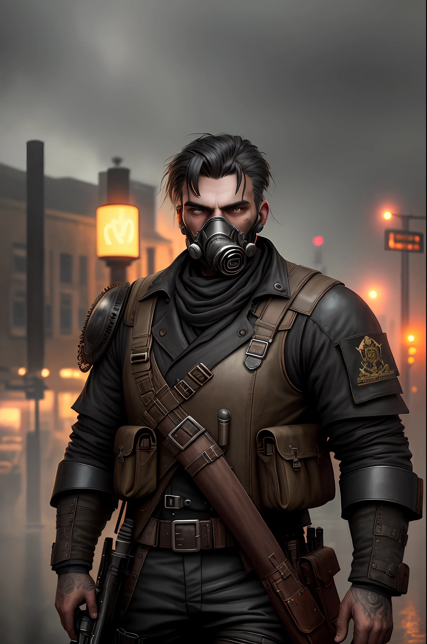 Steampunk surviving man with worn black uniform, gas mask, uses rifle, giant and strange illuminated structure in the background, realistic, stylish, rutkowski, hdr, intricate details, hyperdetailed, cinematic, rim light, danger atmosphere, night, red light, dark street, rain, 4k, fire