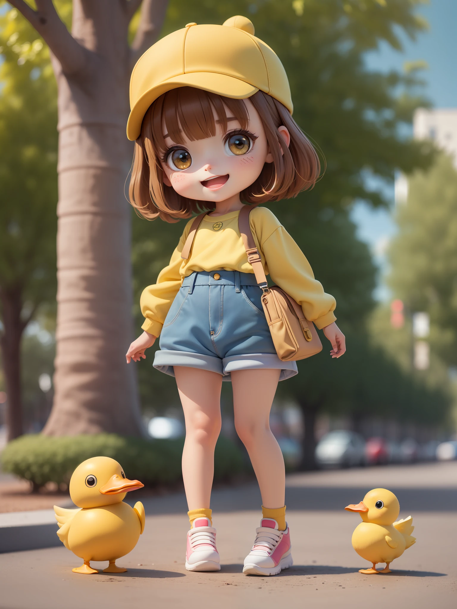 (Masterpiece), (Best Quality), (Ultra Detailed), (Full Body: 1.2),
1 girl, chibi, cute, smiling, open mouth,
Outdoor, wearing cute little yellow duck hat, holding little yellow duck, blushing, tree, :3, shirt, short hair, brown hair, blush sticker, hip hop clothing, brunette hair, street style
(beautiful delicate face), (beautiful detail eyes),
