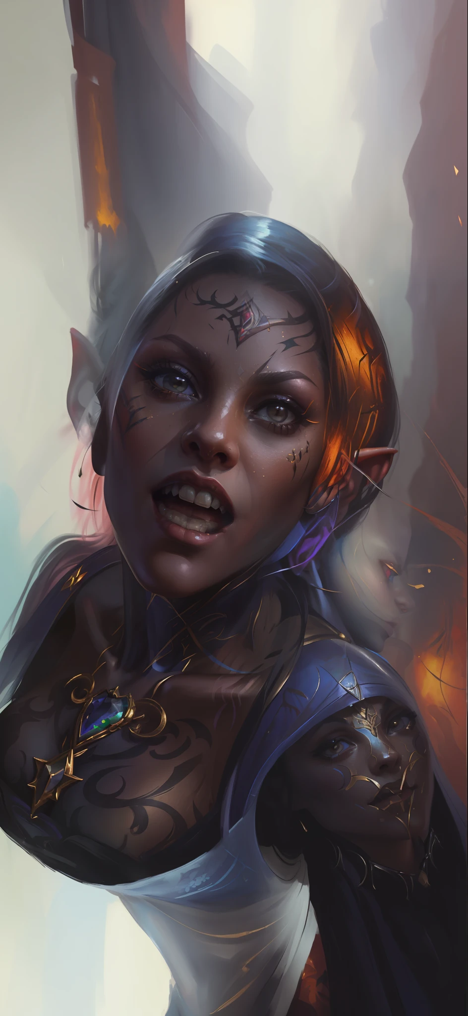 (((Masterpiece))), (((Best Quality: 1.4))), ((Super Detail: 1.4)) , hyper detailed gouache painting of a female Tiefling, gorgeous exotic features, hyper detailed furious expression on her face:1.5, detailed textures, tattoos, natural skin shader, volumetrics, warm undertones under her skin, ultra High resolution