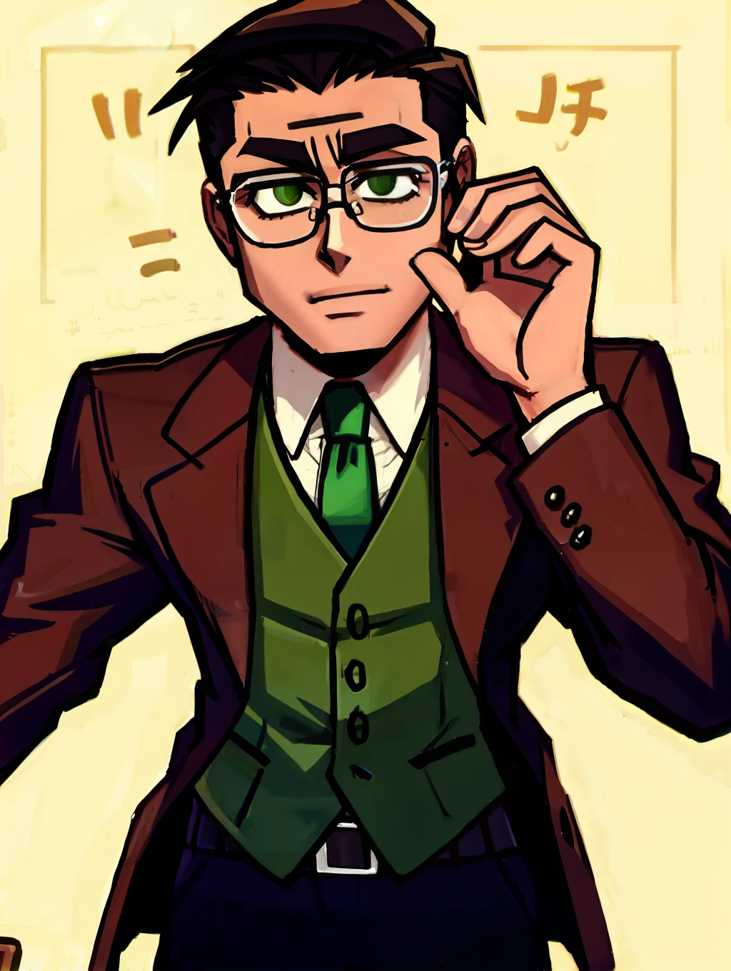 Crooked meek pathetic weak accountant man wearing glasses, wearing a brown suit with a green tie, small jaw