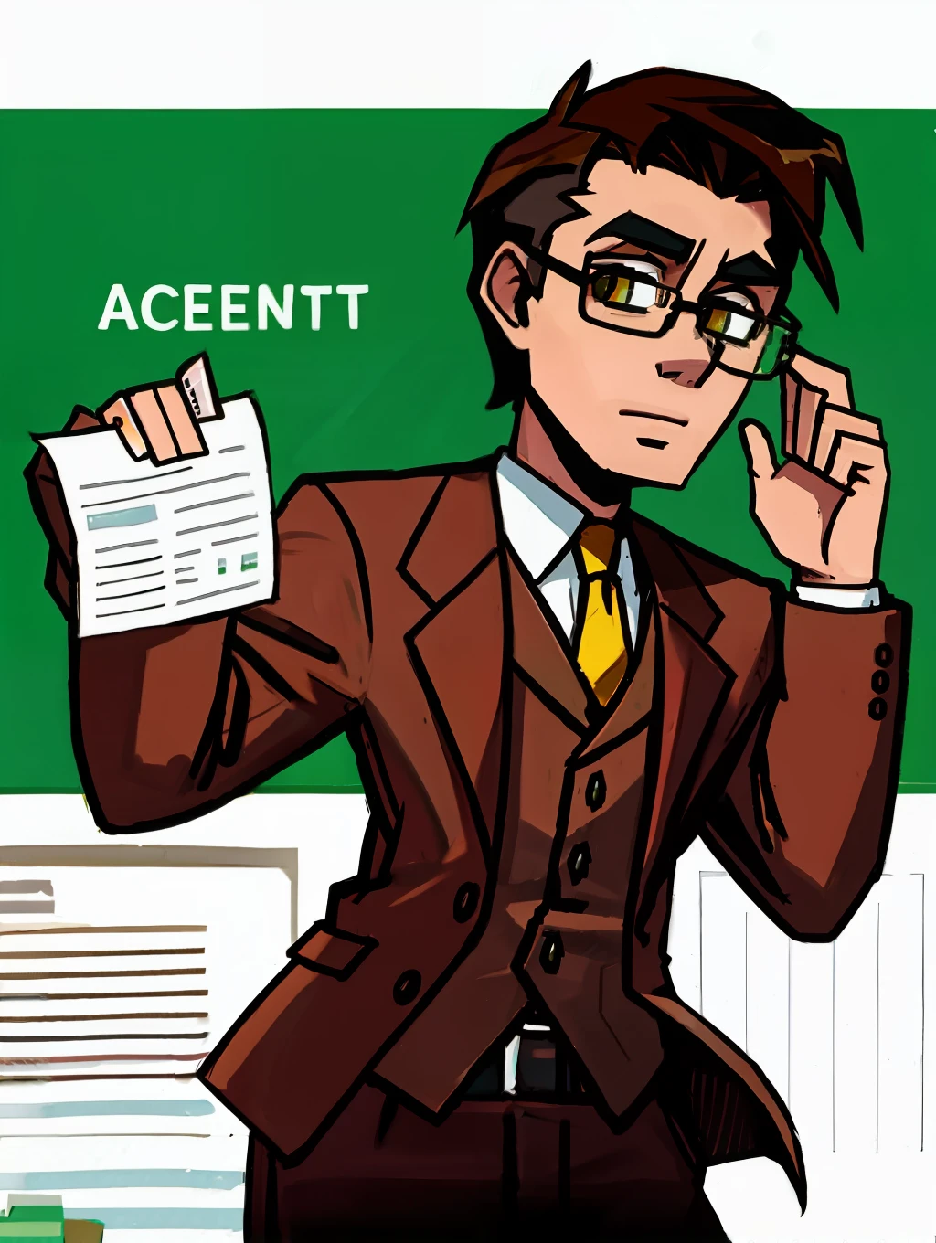 Crooked meek pathetic weak accountant man wearing glasses, wearing a brown suit with a green tie, small jaw