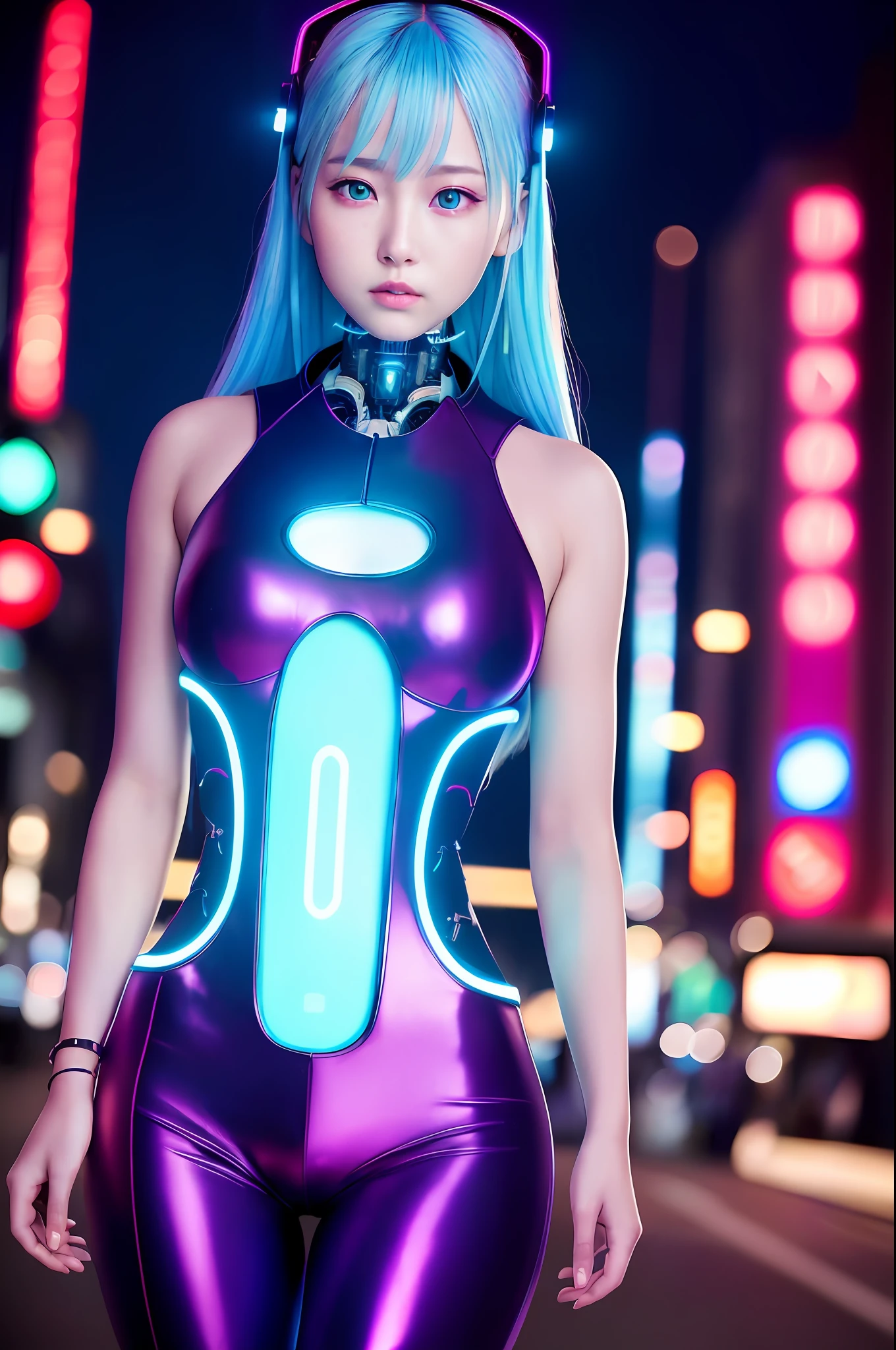 best quality, masterpiece, illustration, an extremely delicate and beautiful, extremely detailed , (realistic, photo-realistic:1.37), extremely detailed CG unity 8k wallpaper, Amazing, finely detail, masterpiece,best quality,official art, absurdres, incredibly absurdres, huge filesize, ultra-detailed, highres, extremely detailed, beautiful detailed girl, extremely detailed eyes and face, beautiful detailed eyes, pose, incredibly_absurdres, ray tracing, A girl with with (light blue hair) and (((implant cybernetic glowing neon left eye))) in futuristic cyberpunk clothes walking down the street, skinny leather pants, big breasts, medium butt, unbuttoned outerwear, perfect anime face, perfect body, beautiful face, serious face, ((night city)), city streets, purple and red tones lighting, realistic lighting, cinematic lighting, volumetric lighting, ((masterpiece)), best quality, intricate details, very detailed, realistic shadows , dof, female focus, 50mm lens, shot on leica m6, ((city streets in the background)), nsfw, korean girl, ulzzang-6500