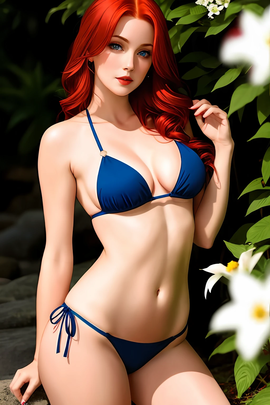 Real picture, red-haired woman, blue eyes, sensual lips, medium breast, thick thigh, thin waist, small bikini, topless, white flower in hair